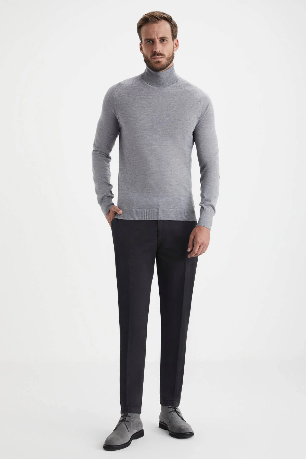 Hemington - Boğazlı Slim Fit Açık Gri Merino Yün Triko (2)