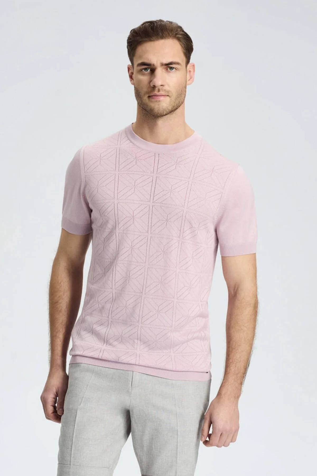 Hemington - Ajur Örgü Detaylı Bisiklet Yaka Gül Kurusu Triko T-Shirt (1)