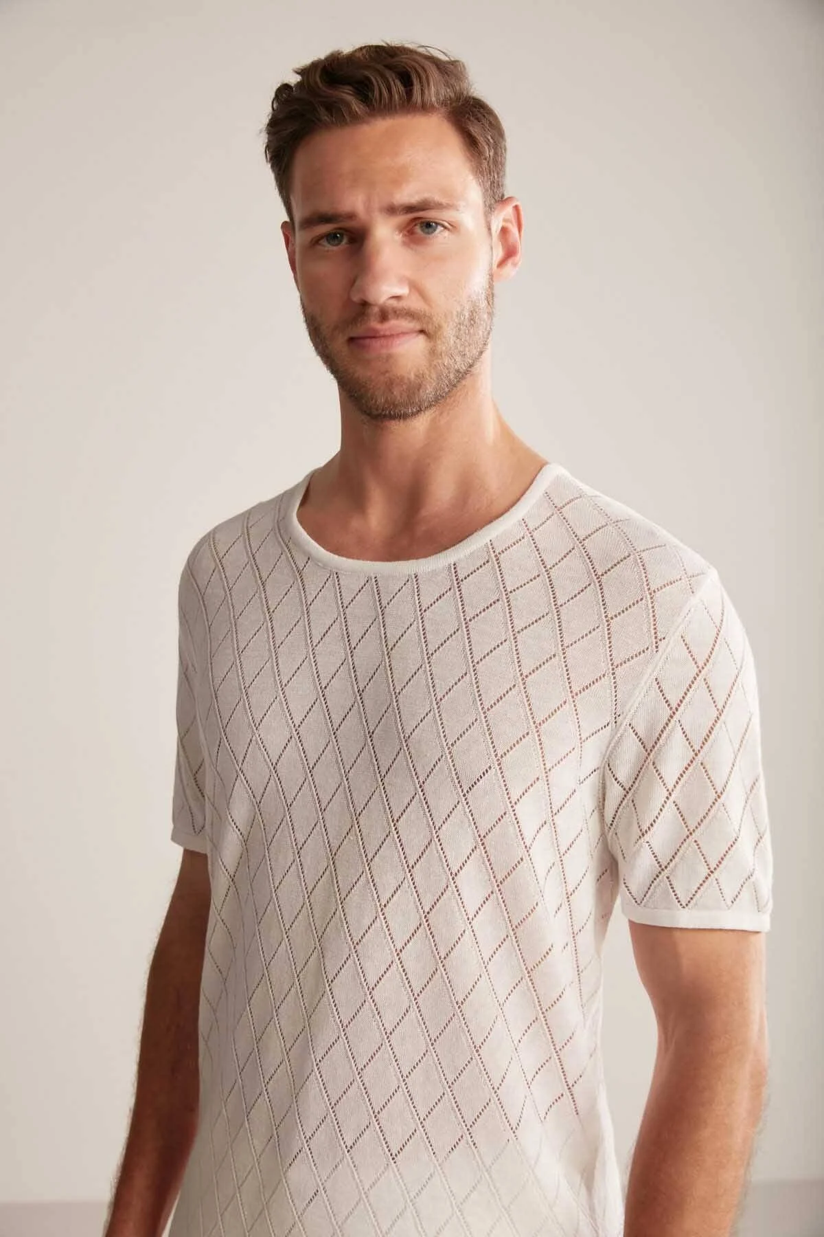 Hemington - Ajur Desen Keten Pamuk Karışım Beyaz Triko T-Shirt (2)