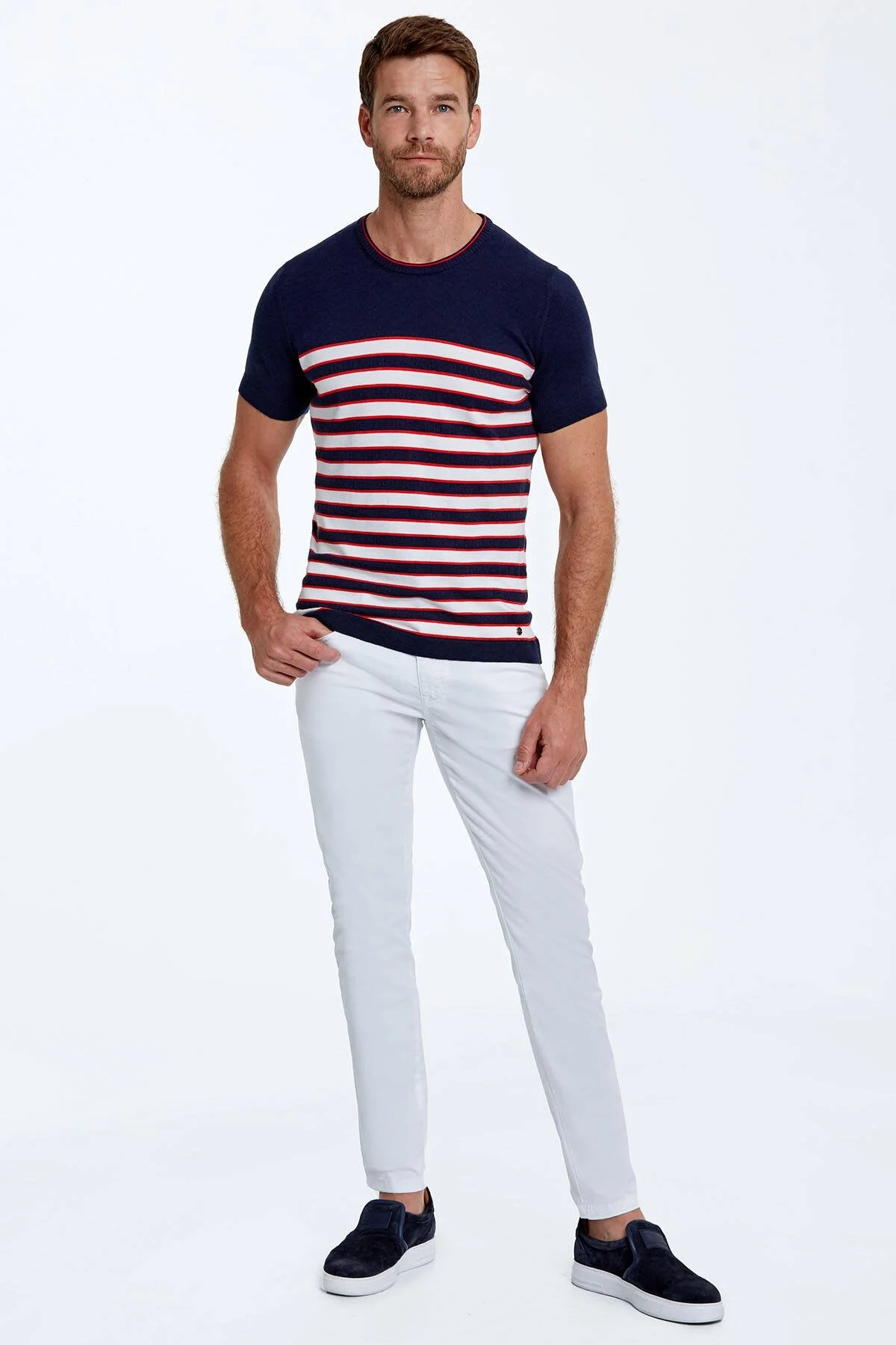 Hemington - Beyaz Çizgi Desen Bisiklet Yaka Lacivert Triko T-Shirt (2)