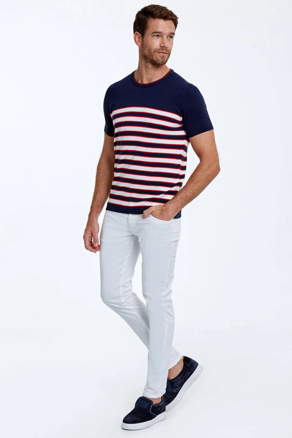 Hemington - Beyaz Çizgi Desen Bisiklet Yaka Lacivert Triko T-Shirt (4)