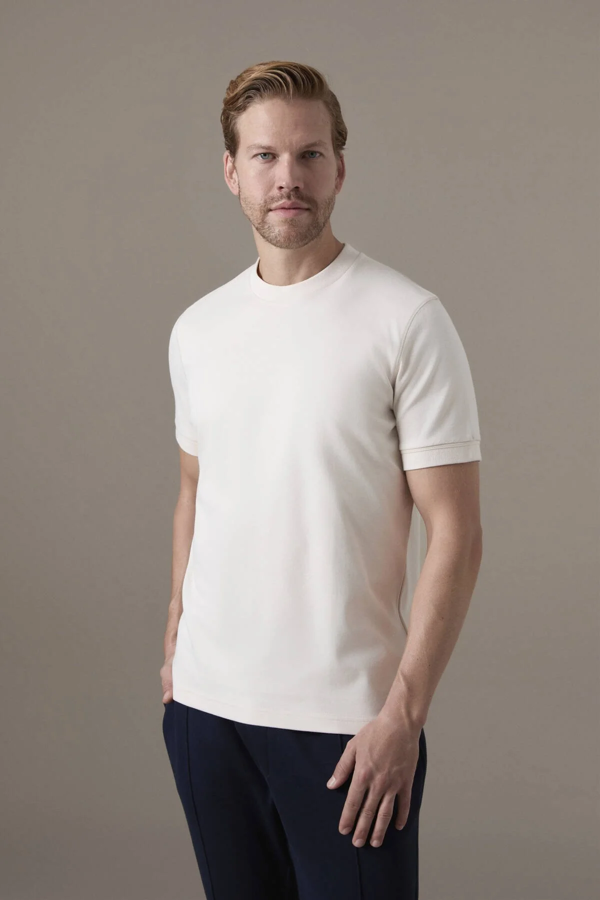 Hemington - Brushed Pamuk Rahat Kesim Bisiklet Yaka Bej T-Shirt (1)