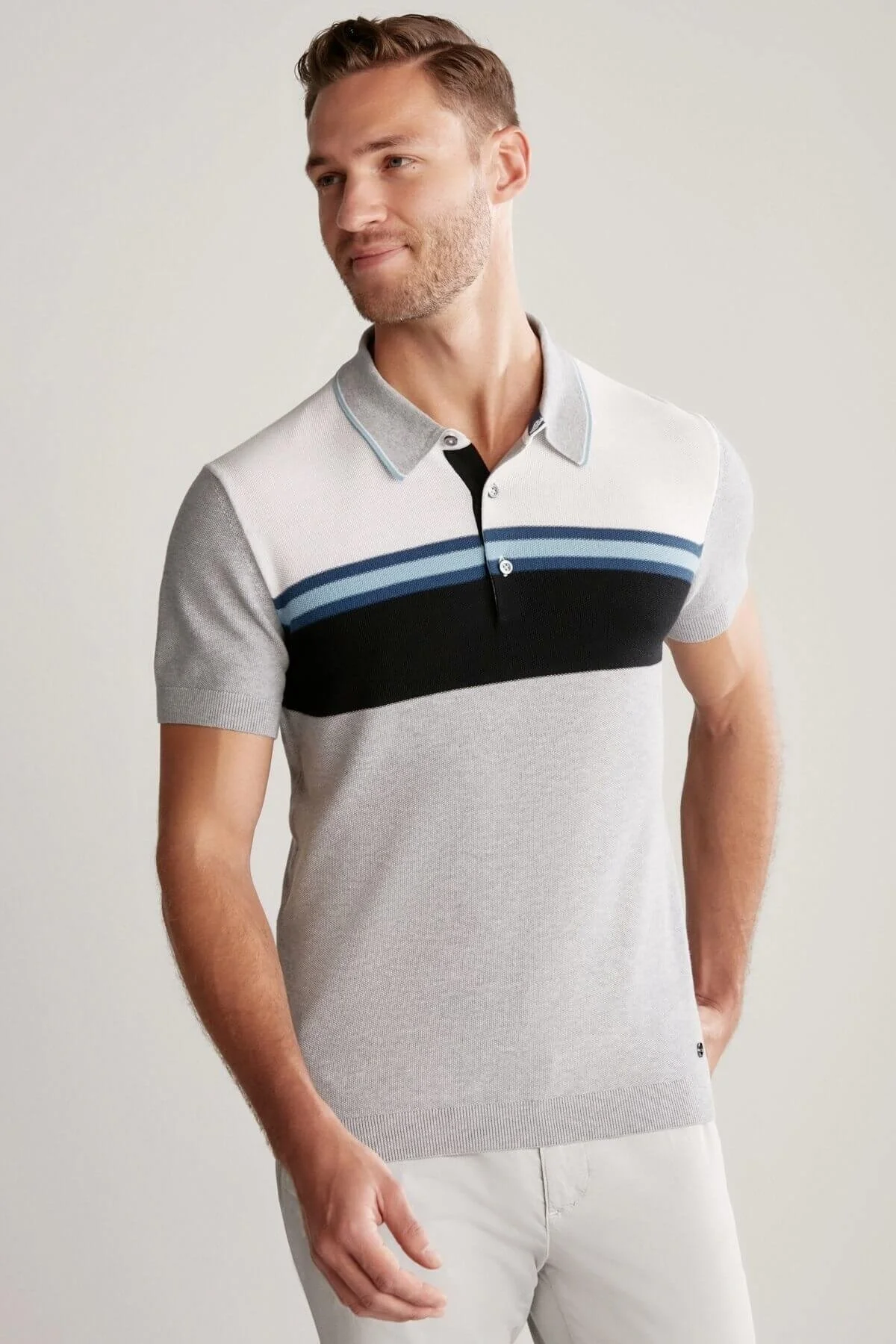 Hemington - Çizgi Desen Açık Gri Triko Polo (1)