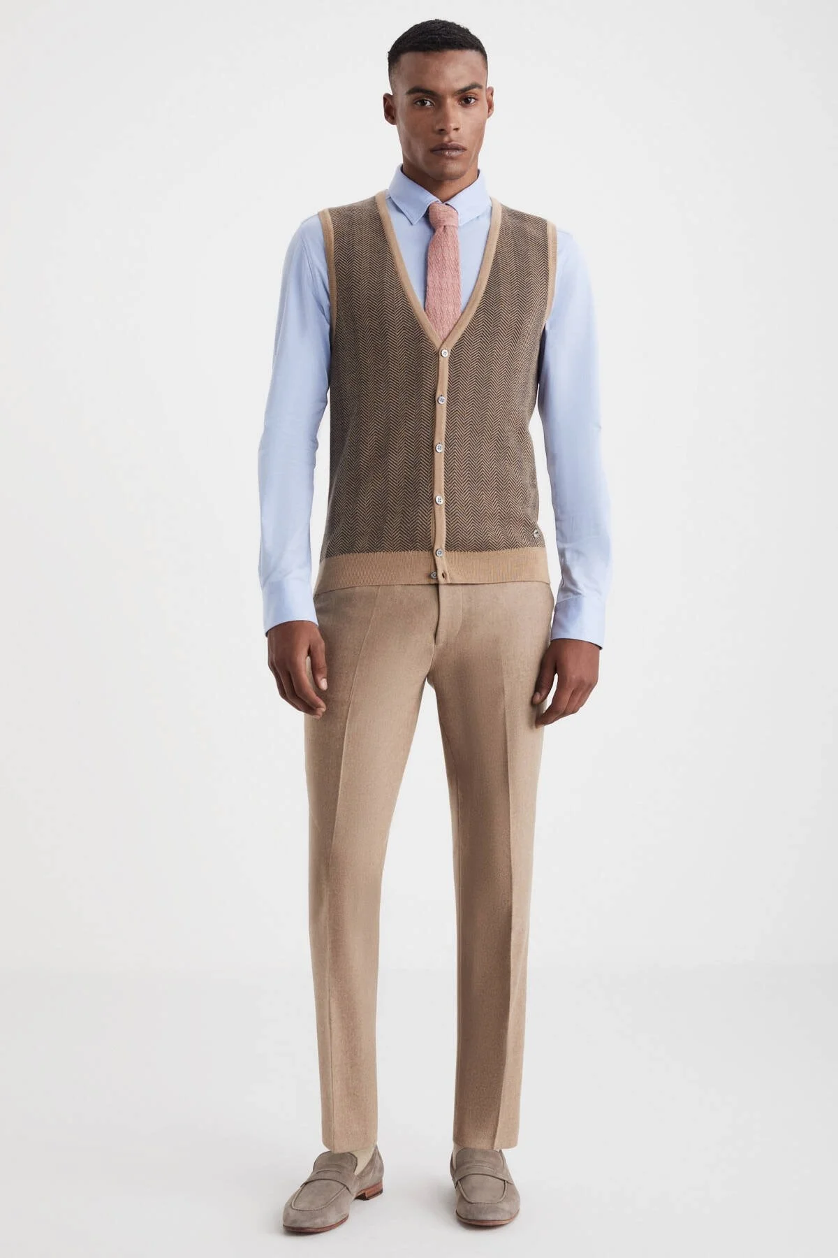 Hemington - Herringbone Desen Camel Extrafine Merino Triko Yelek (2)