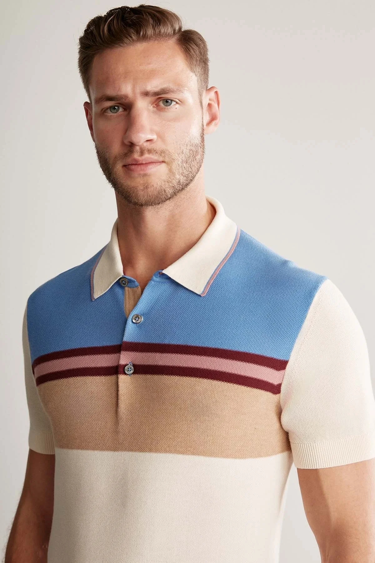 Hemington - Çizgi Desen Krem Rengi Triko Polo (1)