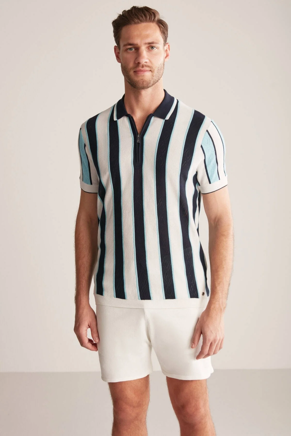 Hemington - Çizgi Desen Lacivert-Beyaz Triko Polo (1)