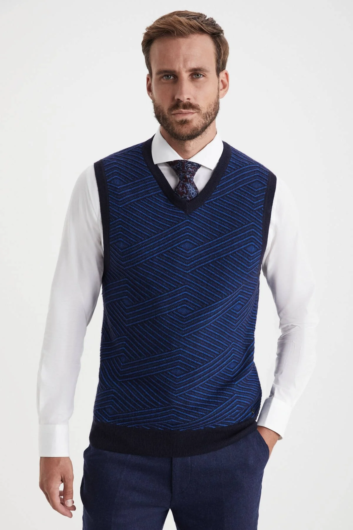 Hemington - Çizgi Desen Lacivert Lambswool Yün Triko Süveter (1)