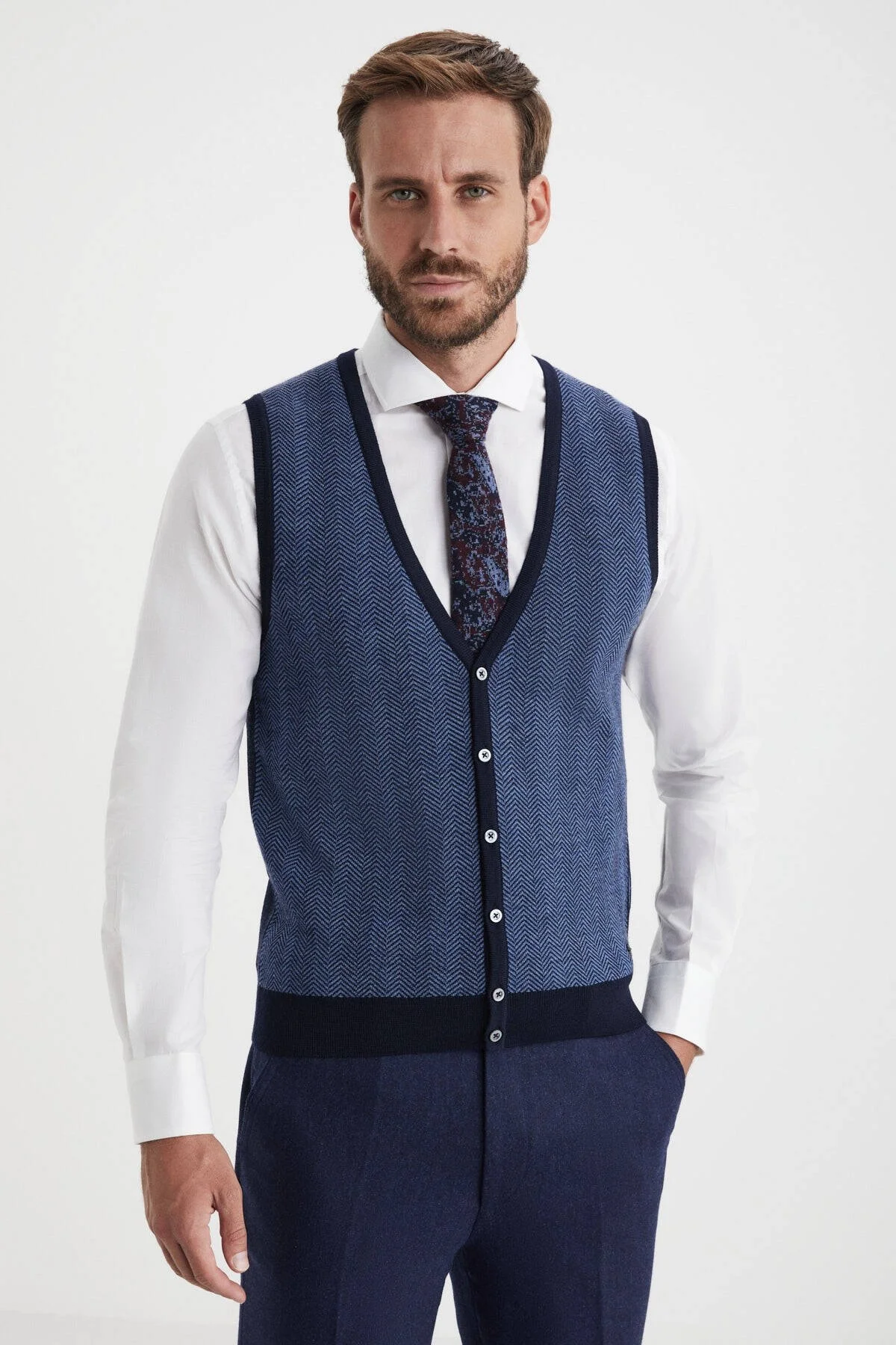 Hemington - Herringbone Desen Lacivert Extrafine Merino Triko Yelek (1)