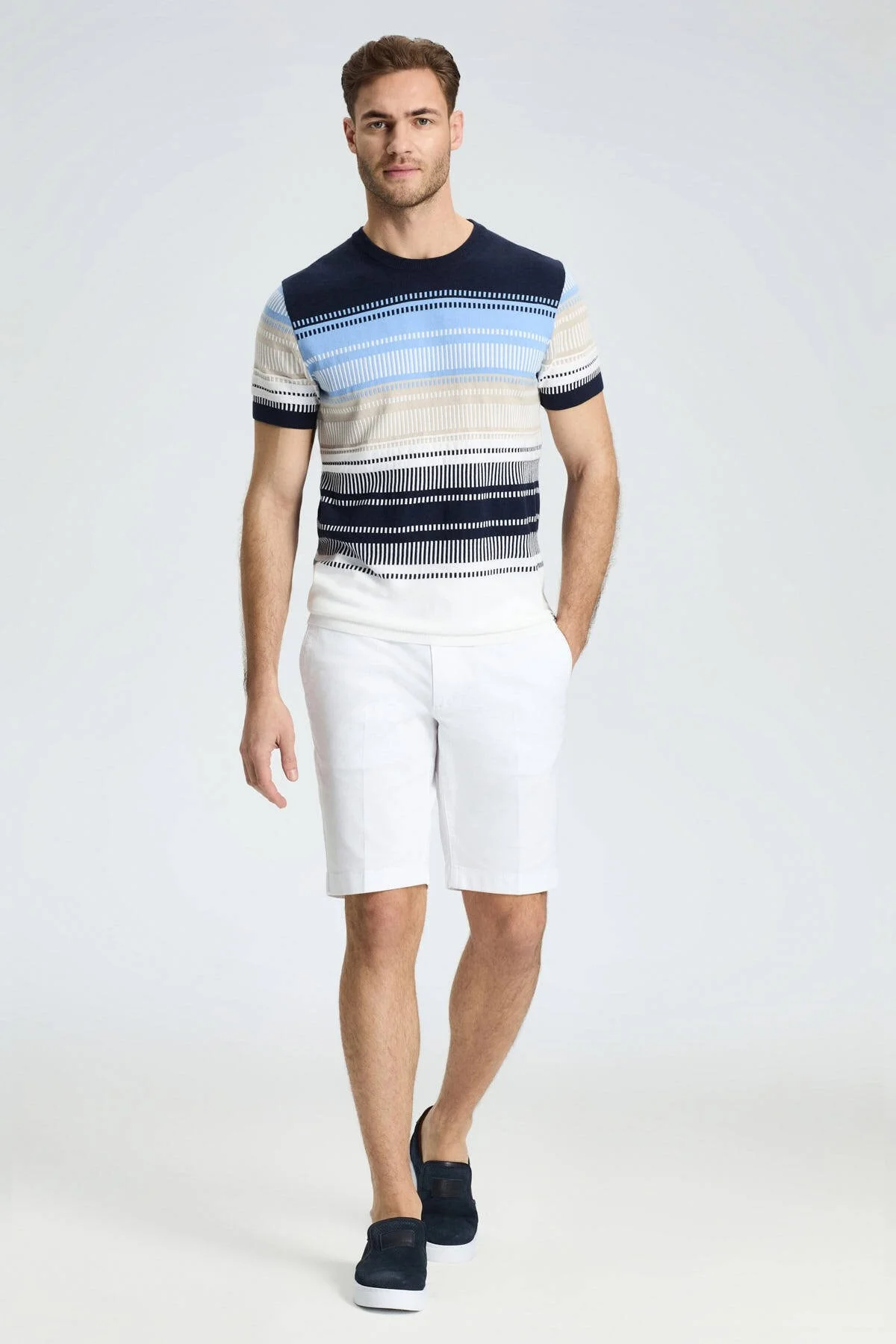 Hemington - Beyaz-Mavi Desen Bisiklet Yaka Saf Pamuk Triko T-Shirt (3)