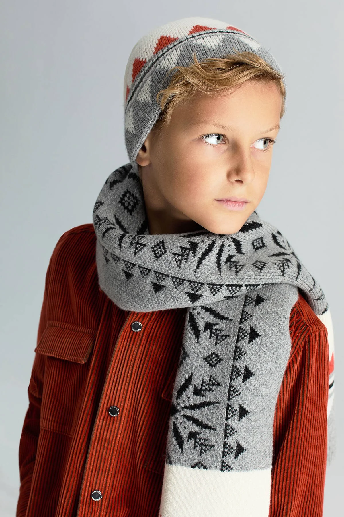 Hemington - Desenli Kaşmir Karışım Gri Çocuk Atkı (2)