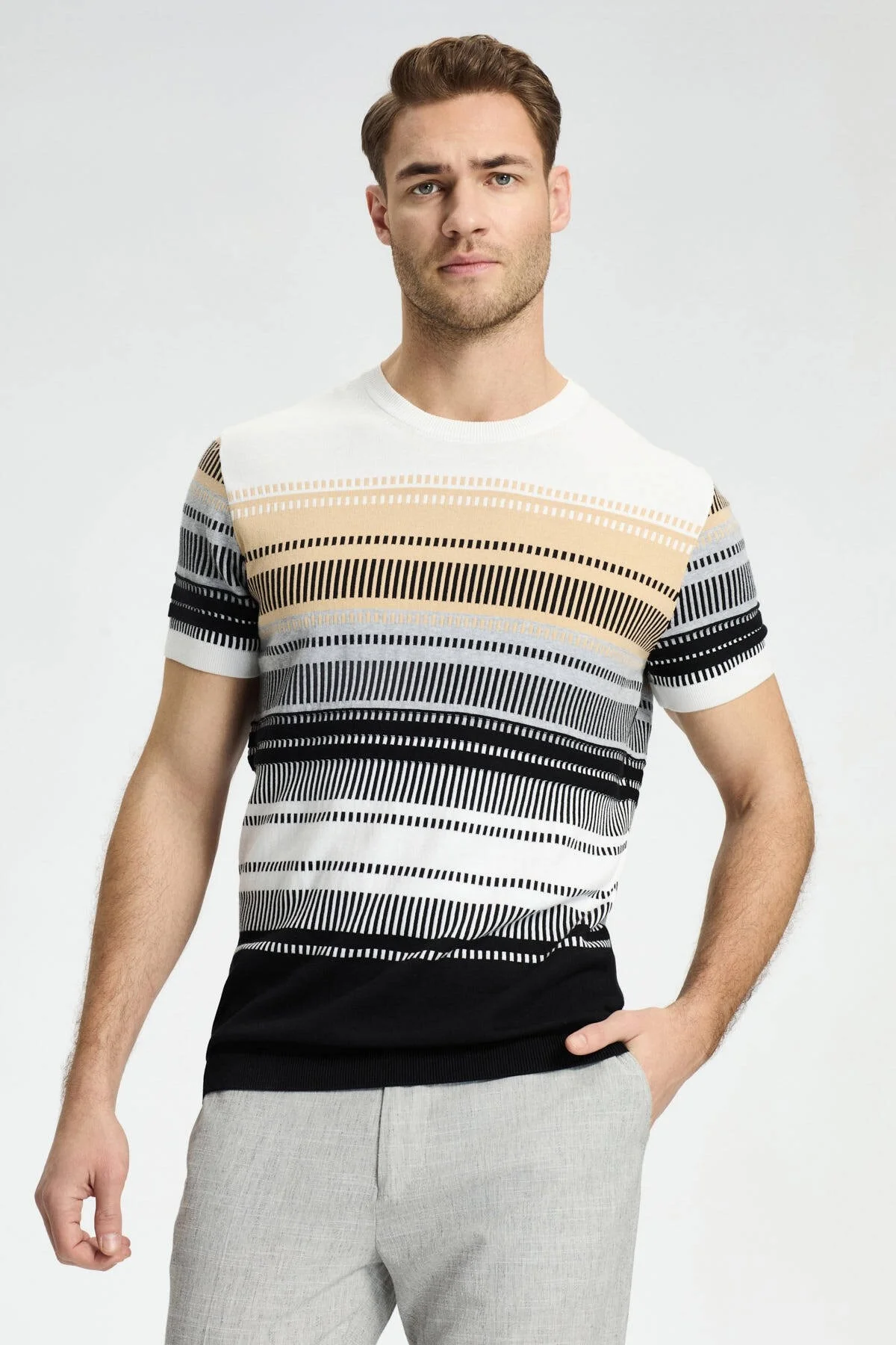 Hemington - Siyah-Açık Gri Desen Bisiklet Yaka Saf Pamuk Triko T-Shirt (1)