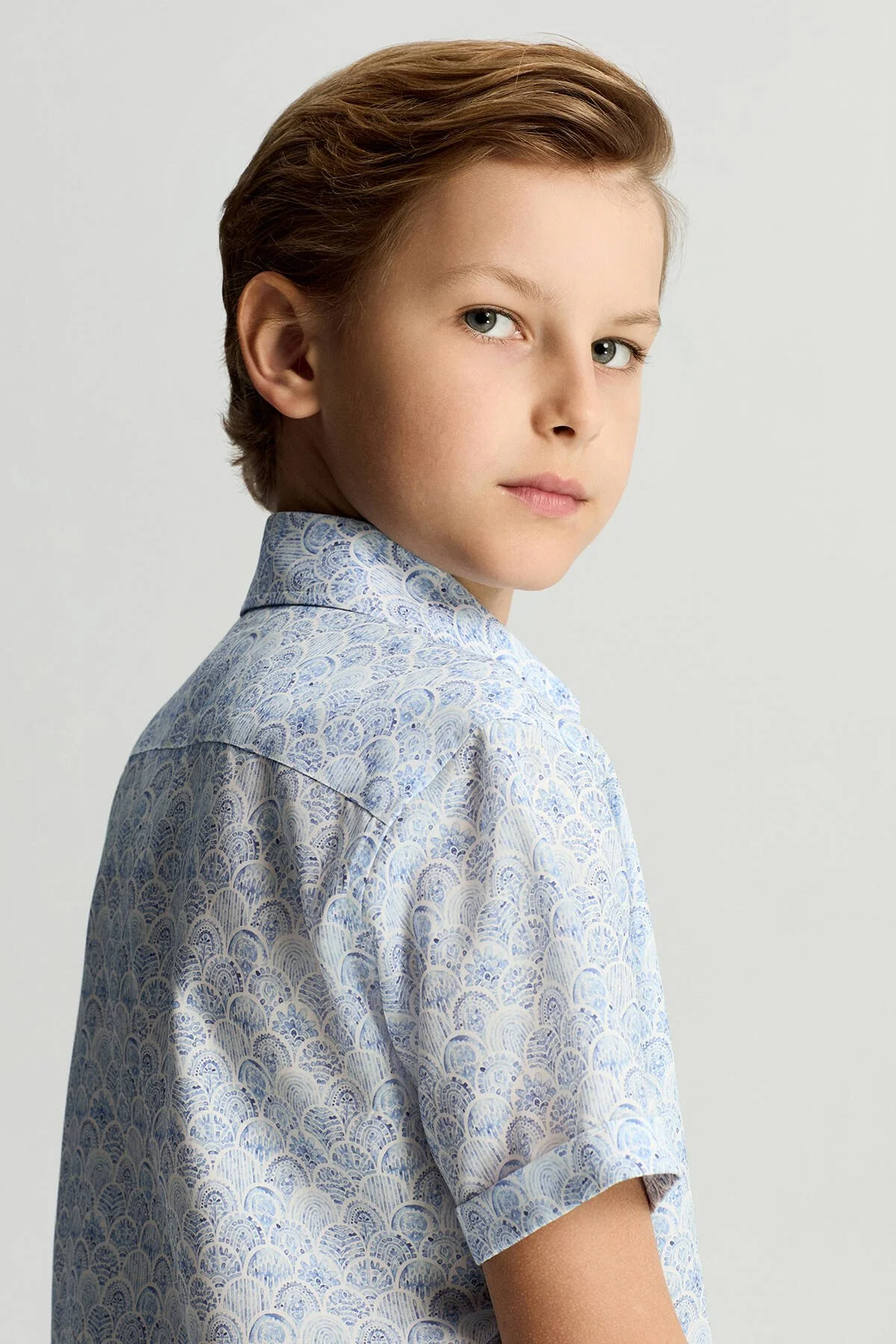 Hemington - Etnik Desen Gök Mavisi Kısa Kollu Tencel Çocuk Gömlek (5)