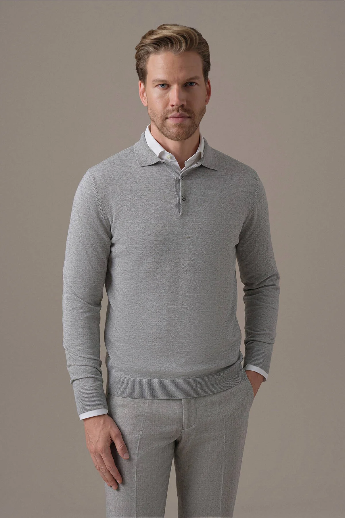 Hemington - Extrafine Merino Açık Gri 3 Düğme Polo Triko (1)