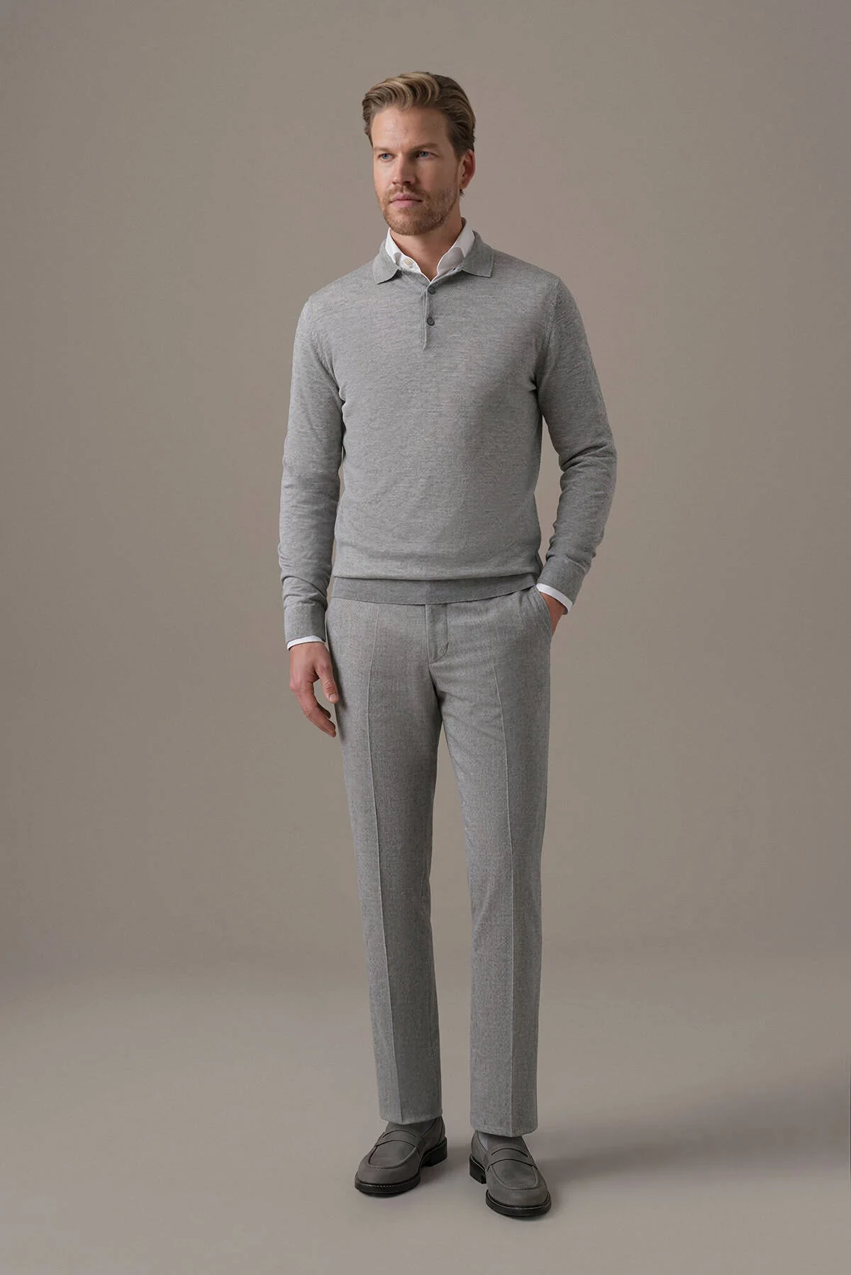 Hemington - Extrafine Merino Açık Gri 3 Düğme Polo Triko (2)