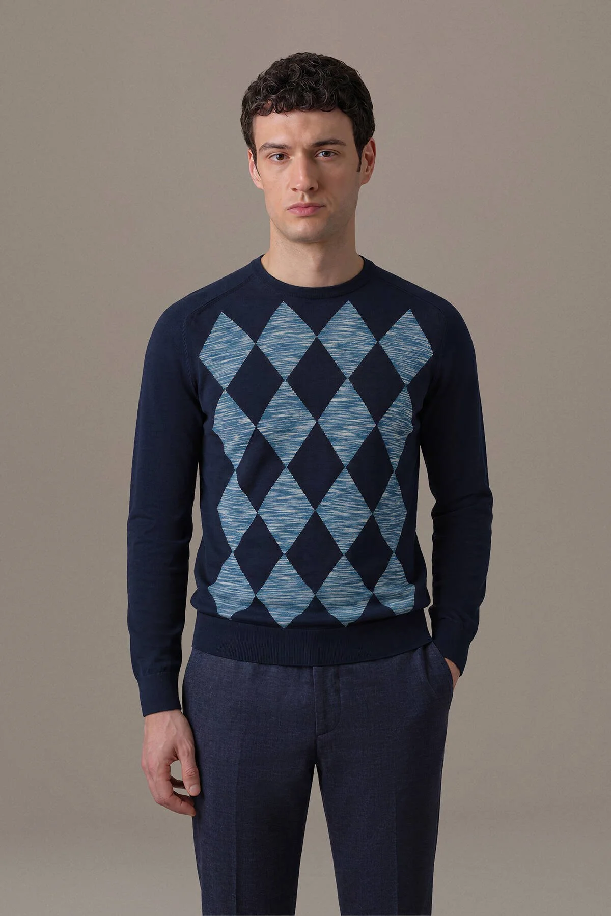 Hemington - Extrafine Merino Argyle Desen Lacivert Triko (1)