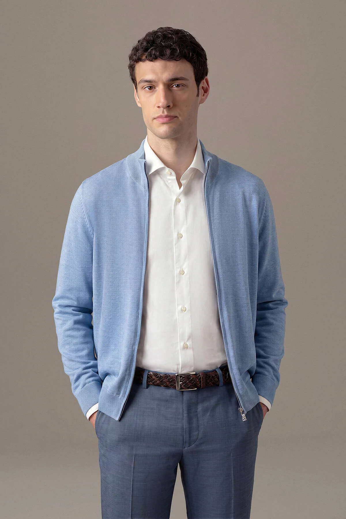Hemington - Extrafine Merino Fermuarlı Açık Mavi Triko Hırka (1)