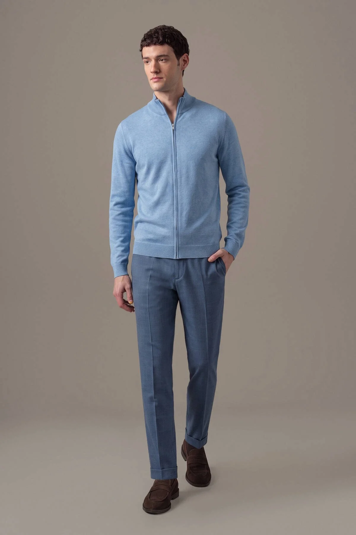 Hemington - Extrafine Merino Fermuarlı Açık Mavi Triko Hırka (2)