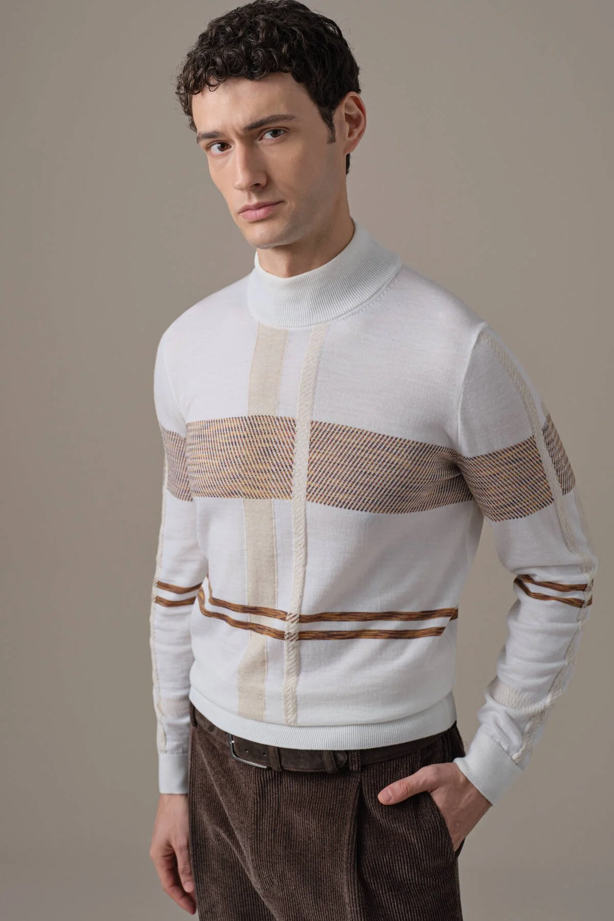 Hemington - Extrafine Merino Lupetto Yaka Tartan Desen Ekru Triko (1)