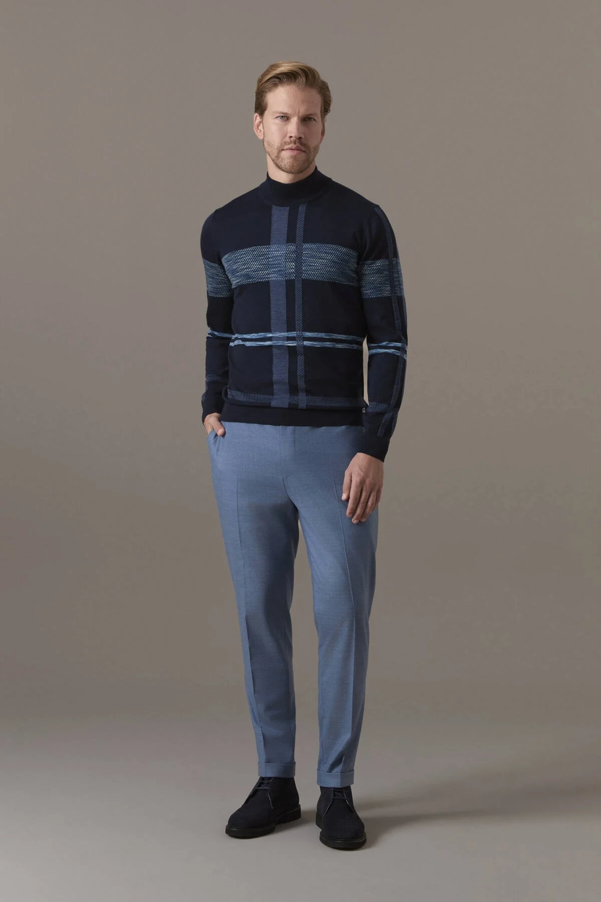 Hemington - Extrafine Merino Lupetto Yaka Tartan Desen Lacivert Triko (2)