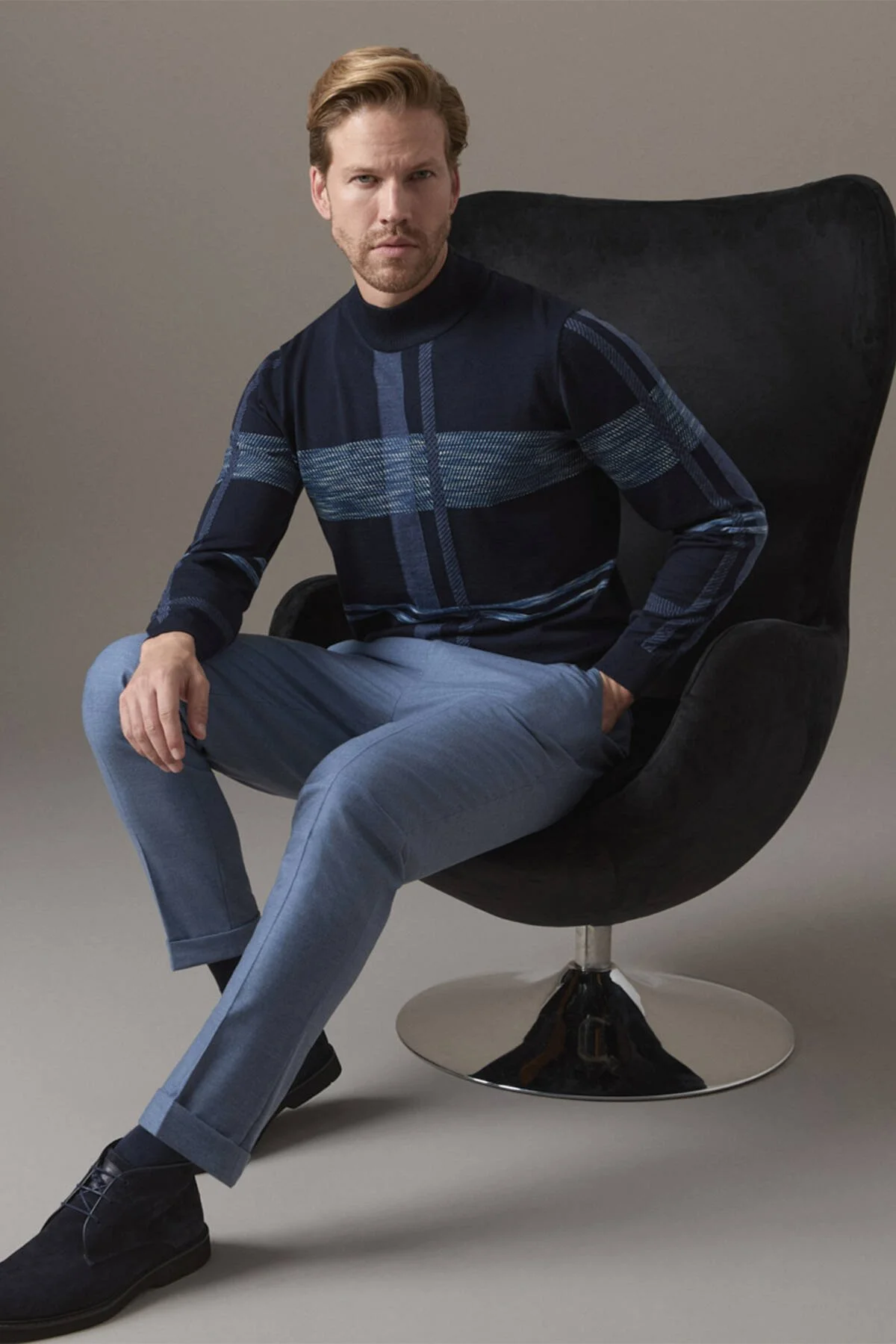 Hemington - Extrafine Merino Lupetto Yaka Tartan Desen Lacivert Triko (3)