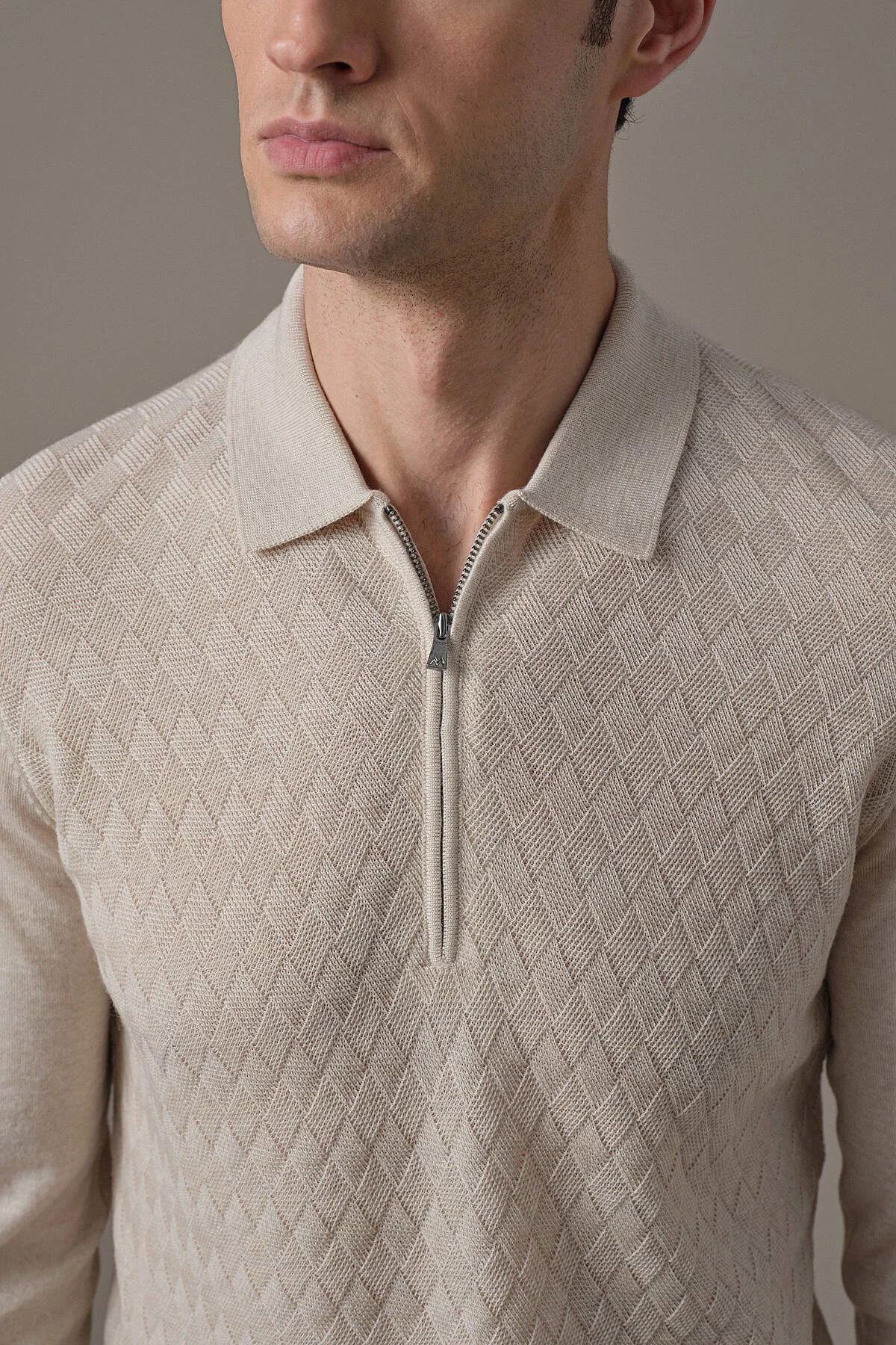 Hemington - Extrafine Merino Mini Argyle Desen Bej Fermuarlı Polo Triko (3)