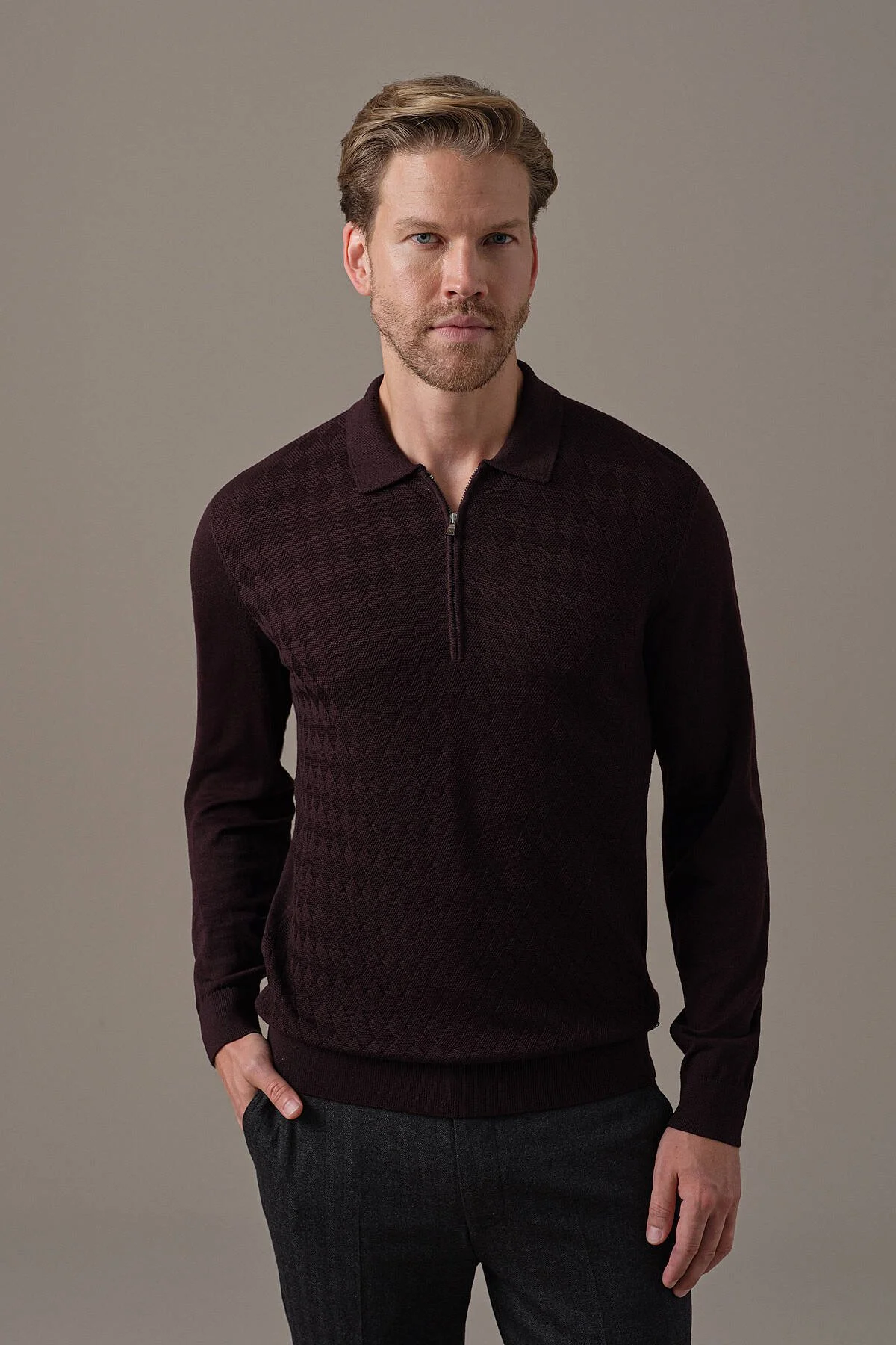 Hemington - Extrafine Merino Mini Argyle Desen Bordo Fermuarlı Polo Triko (1)