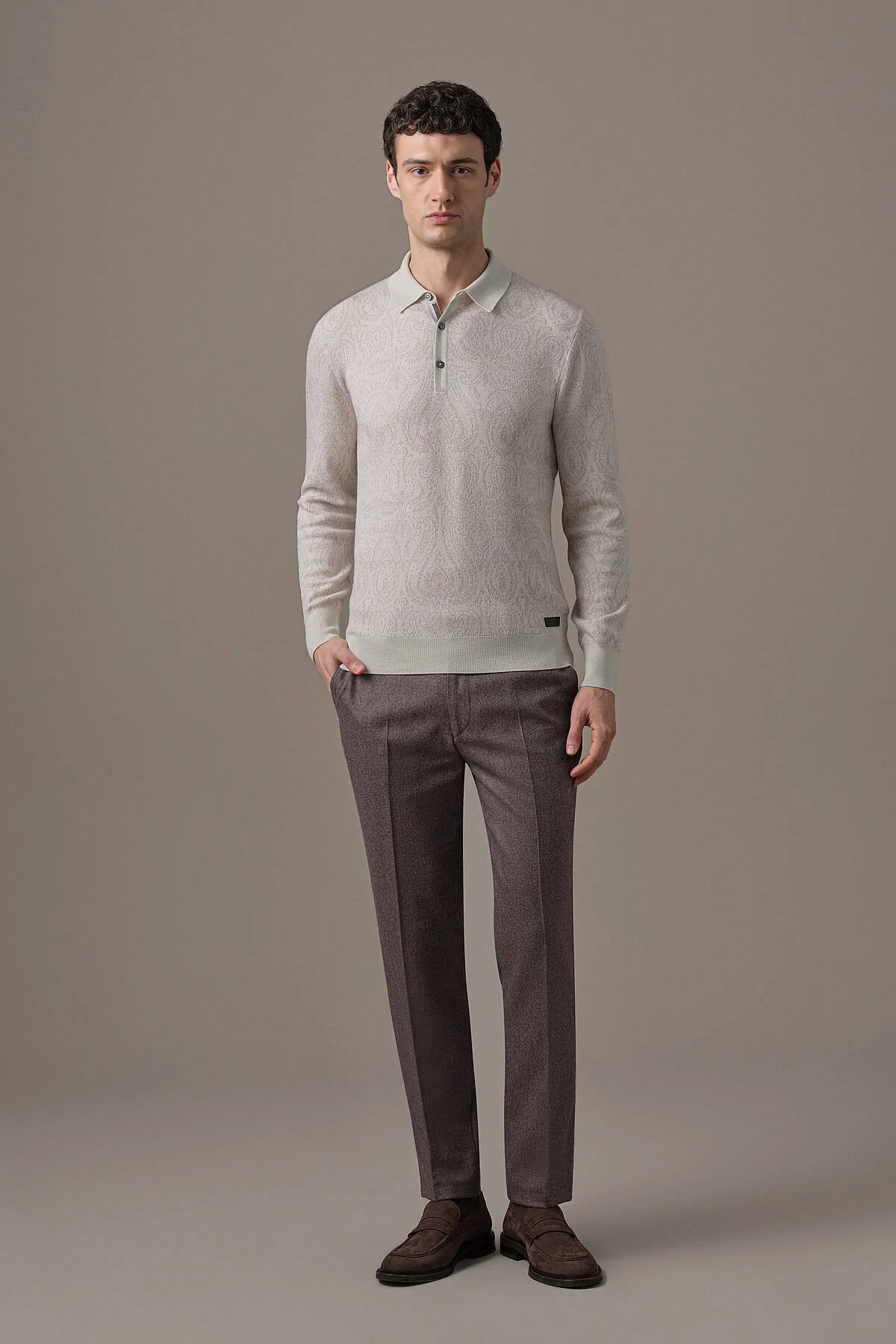 Hemington - Extrafine Merino Paisley Desen Bej Polo Triko (1)