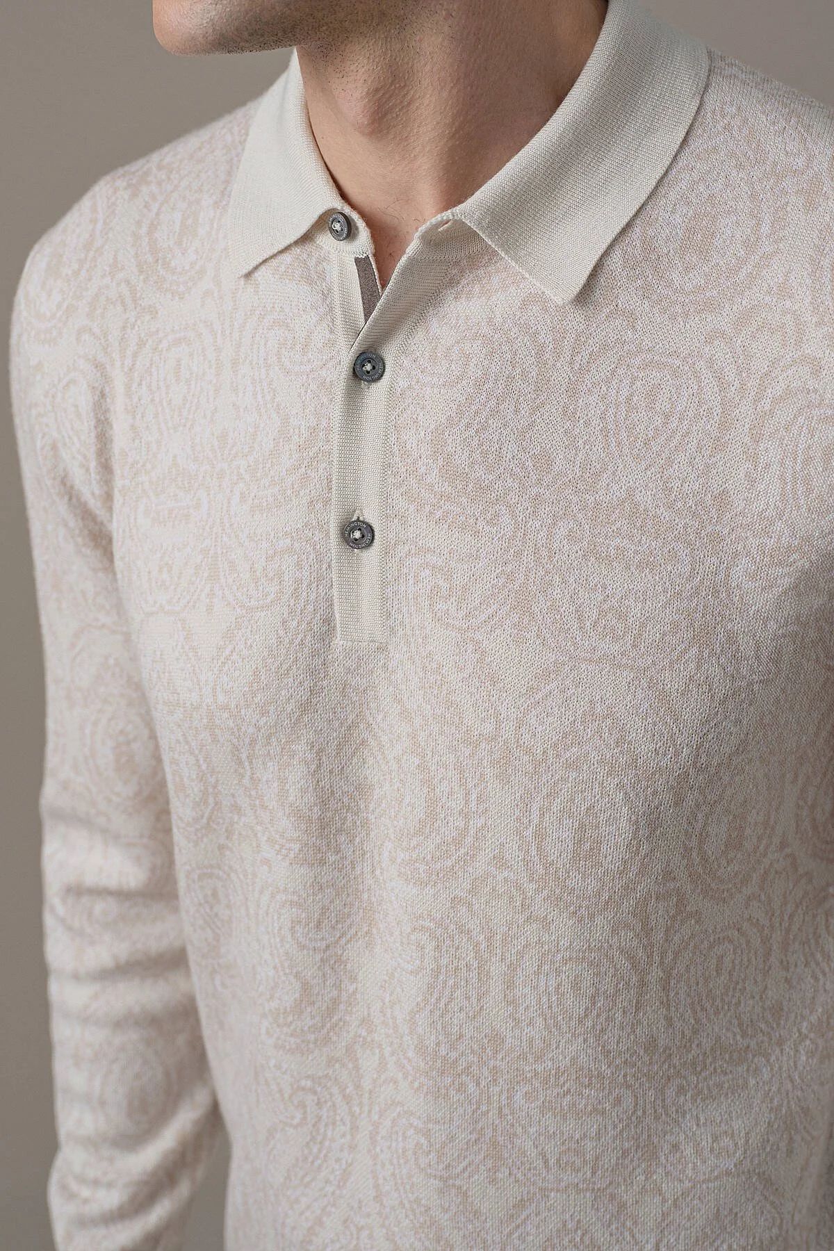 Hemington - Extrafine Merino Paisley Desen Bej Polo Triko (2)
