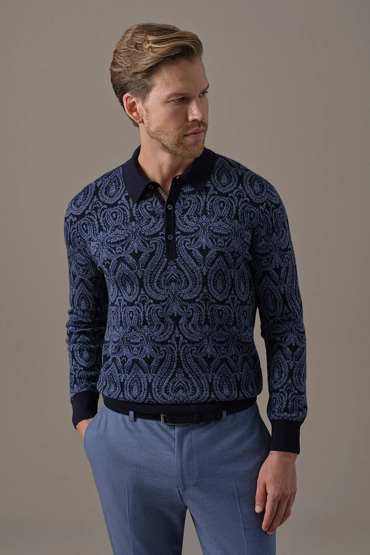 Hemington - Extrafine Merino Paisley Desen Lacivert Polo Triko (1)