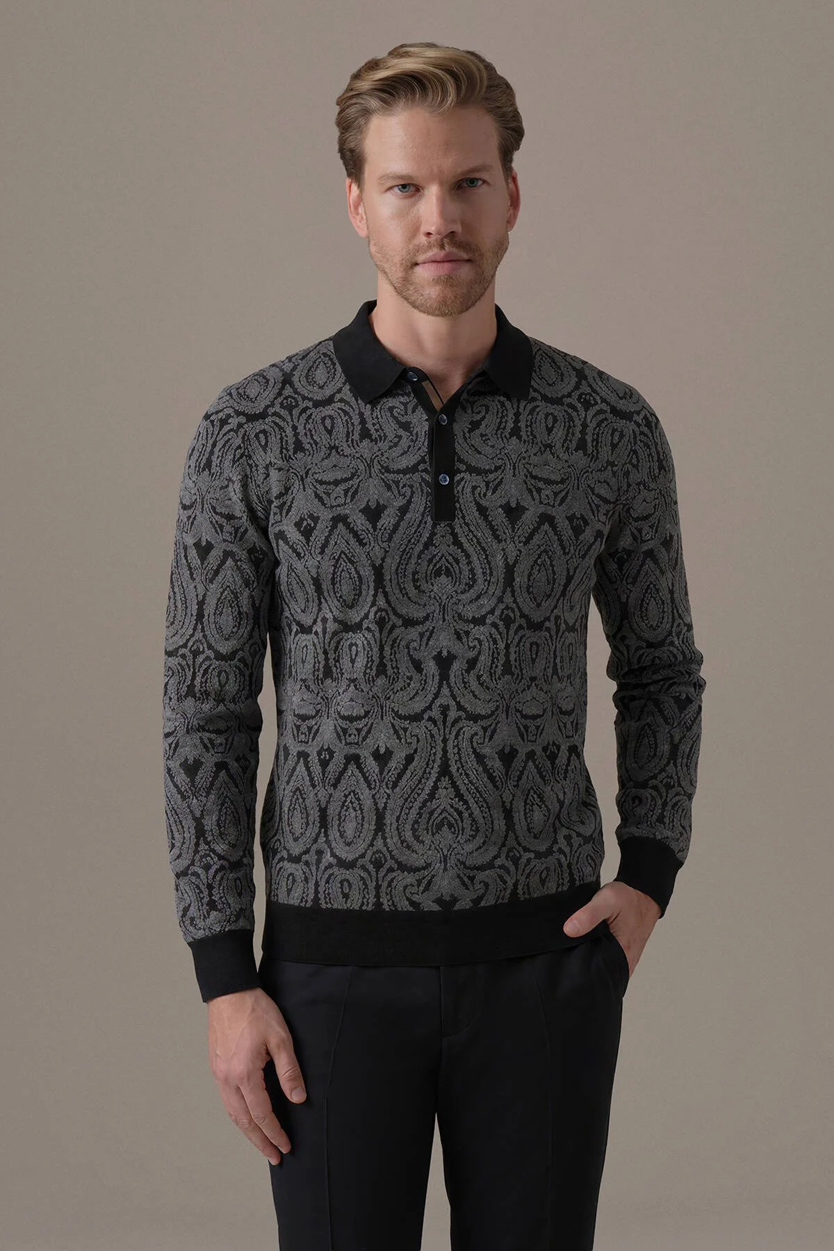 Hemington - Extrafine Merino Paisley Desen Siyah Polo Triko (1)