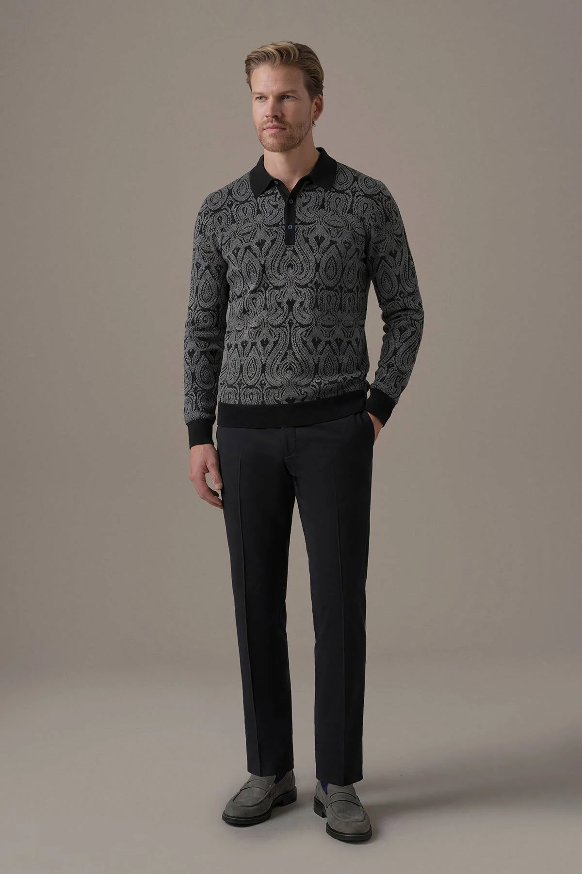 Hemington - Extrafine Merino Paisley Desen Siyah Polo Triko (2)