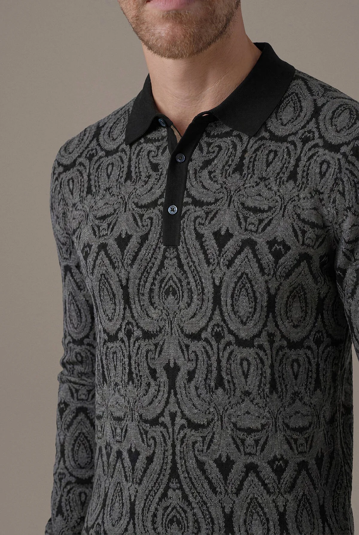 Hemington - Extrafine Merino Paisley Desen Siyah Polo Triko (3)