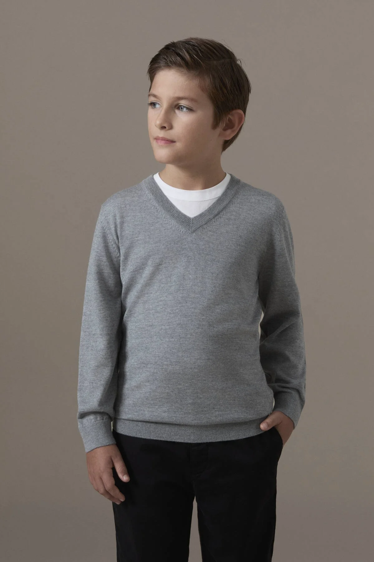 Hemington - Extrafine Merino V Yaka Açık Gri Çocuk Triko (2)