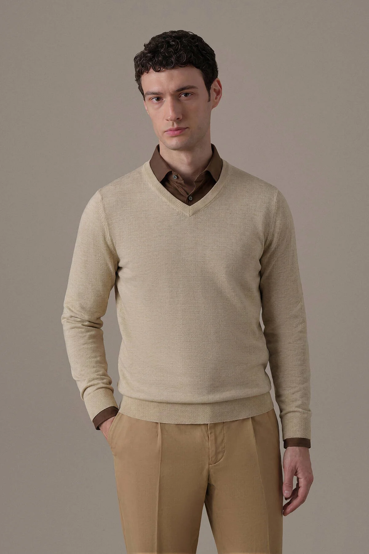 Hemington - Extrafine Merino V Yaka Bej Triko (1)