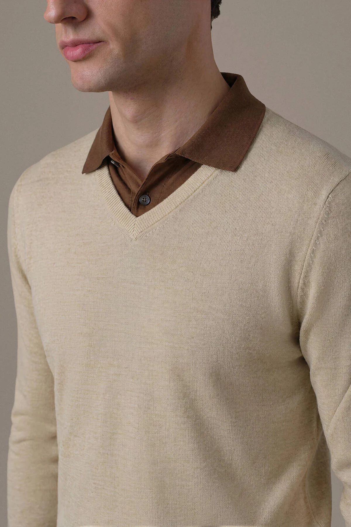 Hemington - Extrafine Merino V Yaka Bej Triko (3)