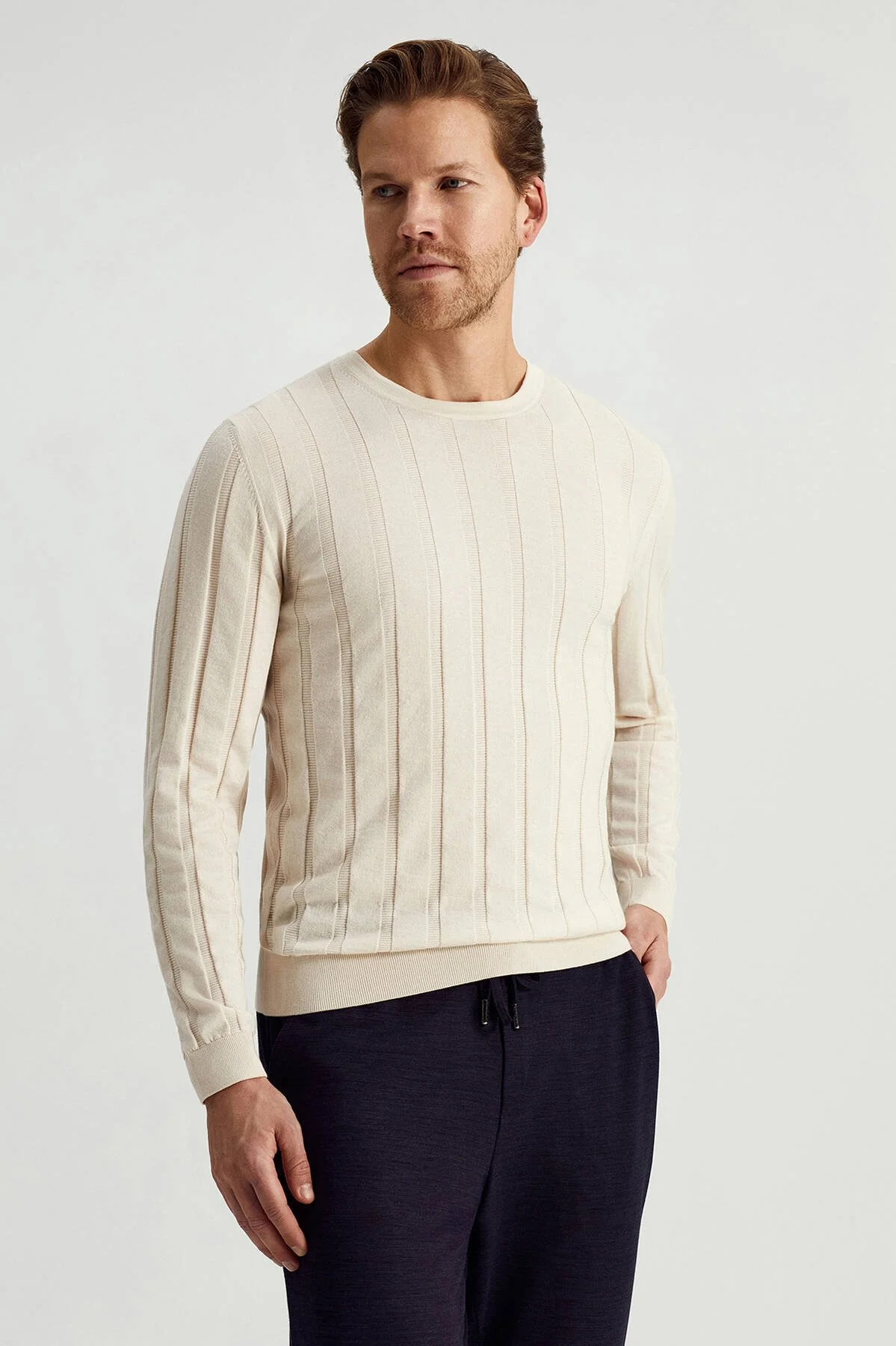 Hemington - Extrafine Merino Yün-Pamuk Karışım Desenli Açık Bej Triko (1)