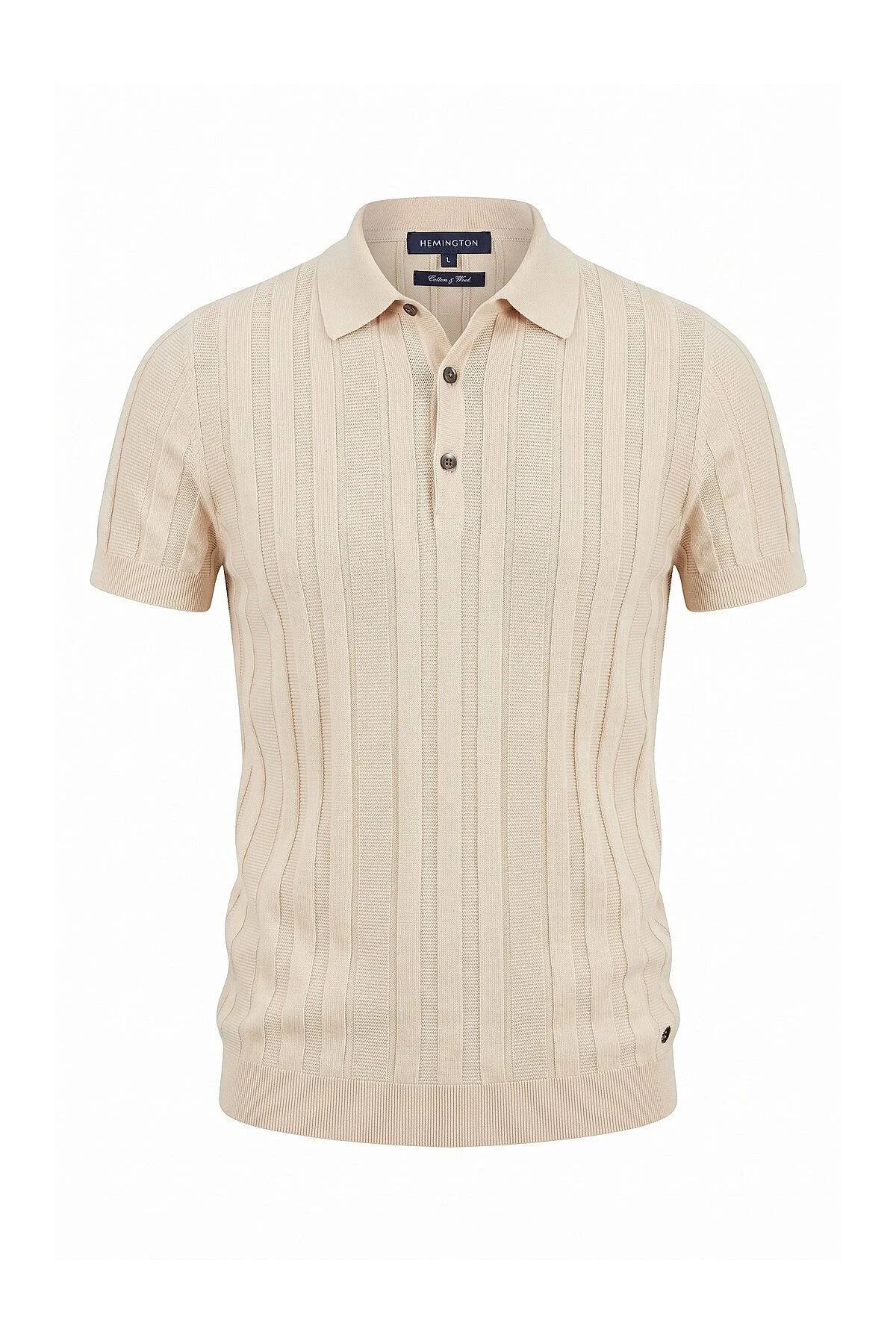 Hemington - Extrafine Merino Yün-Pamuk Karışım Üç Düğme Açık Bej Triko Polo (6)