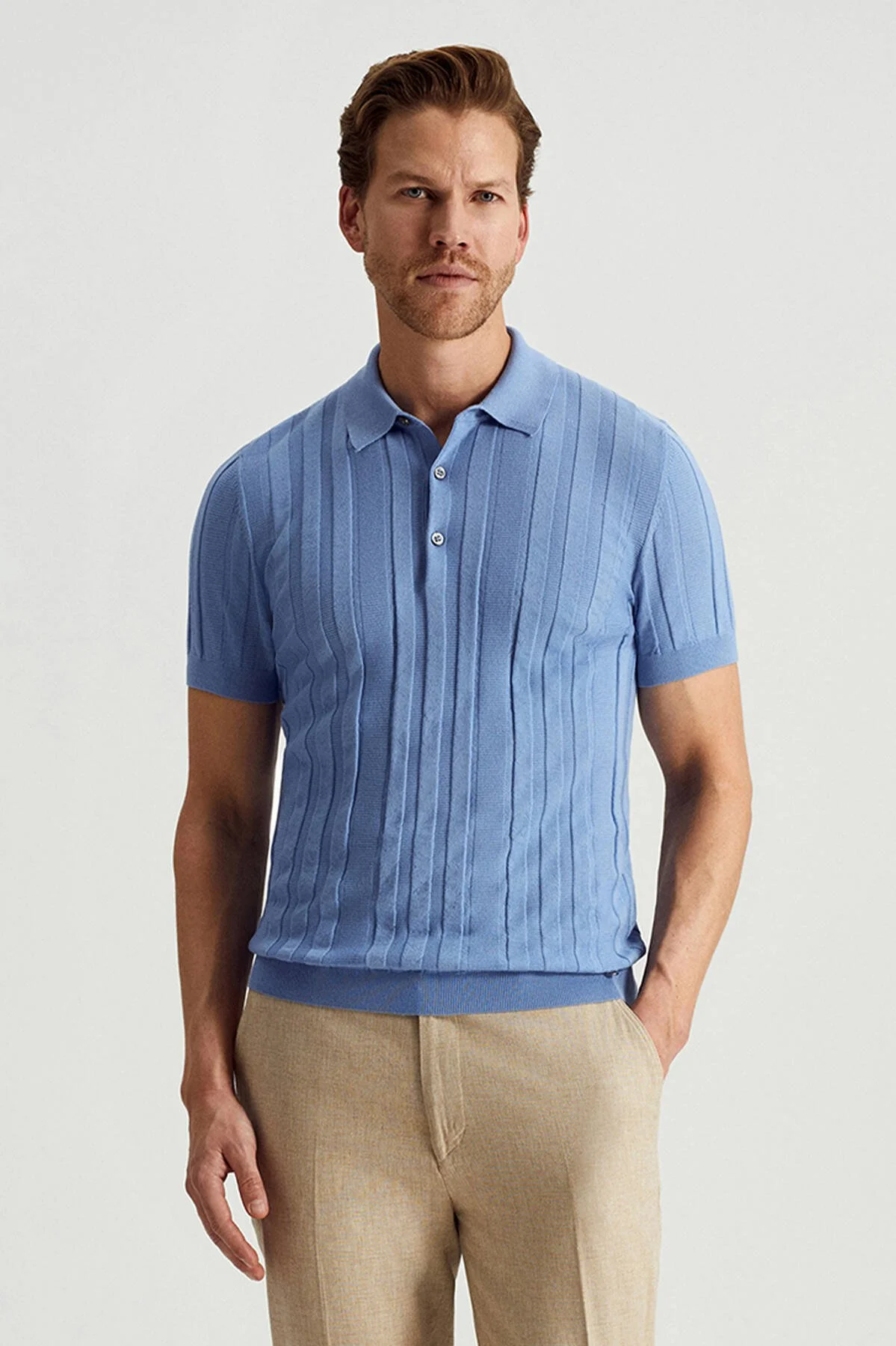 Hemington - Extrafine Merino Yün-Pamuk Karışım Üç Düğme Mavi Triko Polo (1)