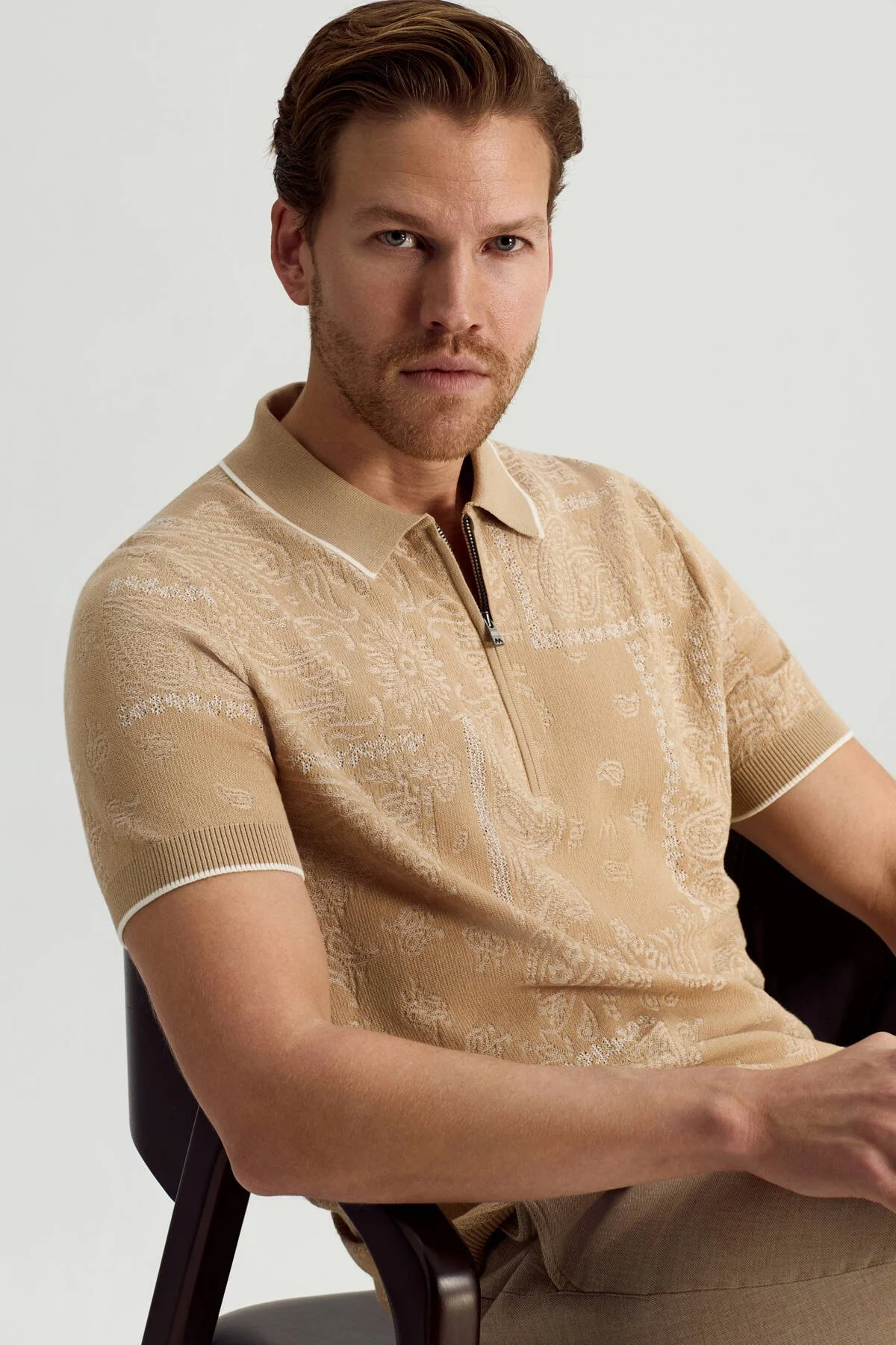 Hemington - Giza Pamuk Paisley Desen Bej Triko Polo (1)