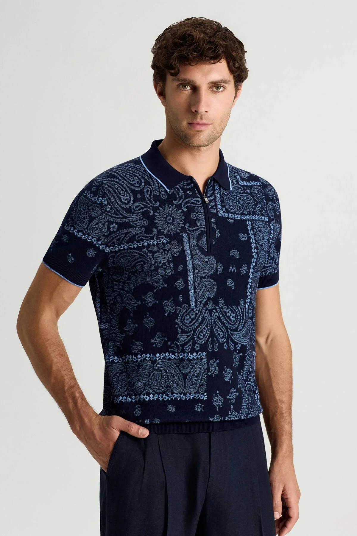 Hemington - Giza Pamuk Paisley Desen Lacivert-Mavi Triko Polo (1)