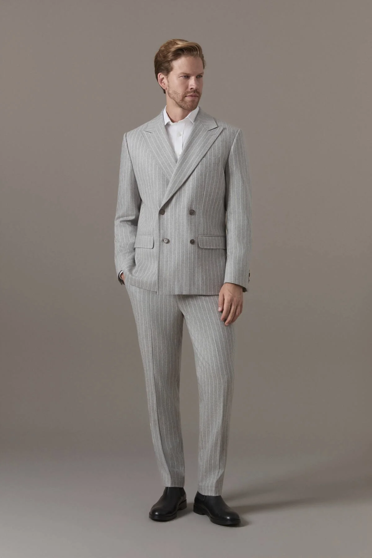 Hemington - Gri Beyaz Chalkstripe Desen Kruvaze Ceket (2)