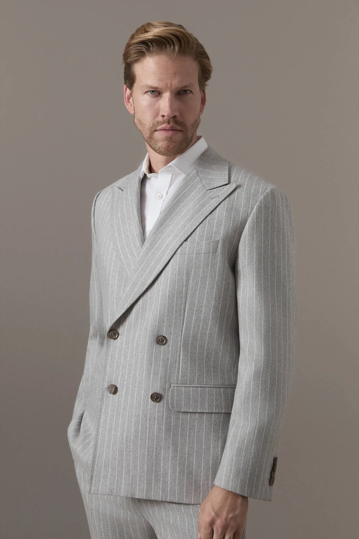 Hemington - Gri Beyaz Chalkstripe Desen Kruvaze Ceket (1)