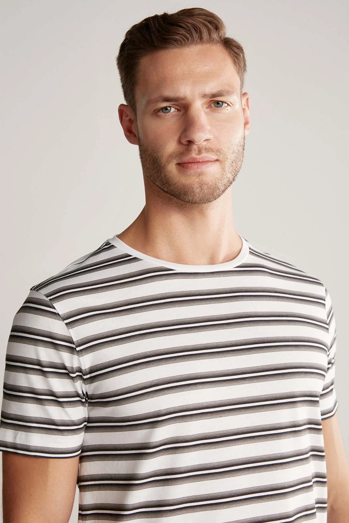 Hemington - Beyaz Gri Çizgili Bisiklet Yaka Saf Pamuk T-Shirt (1)