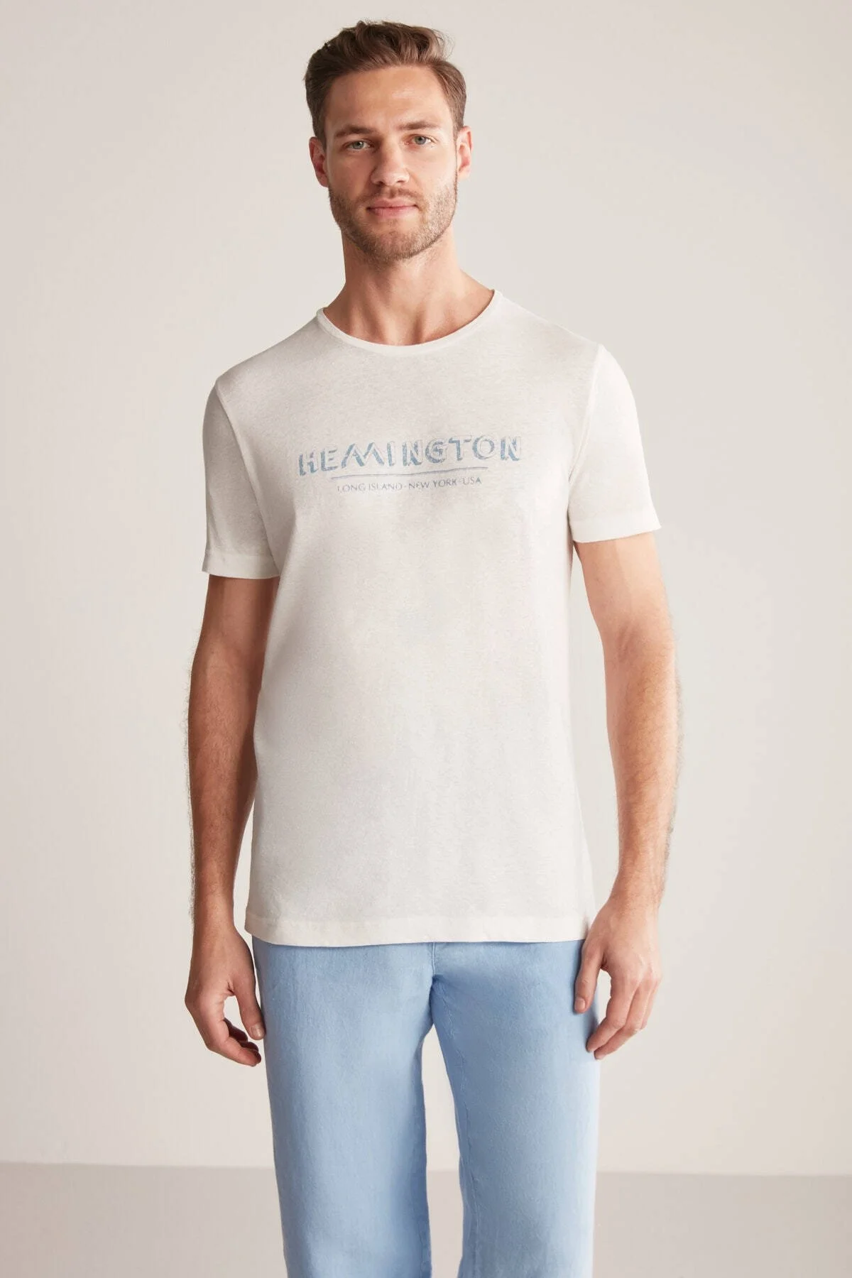Hemington - Hemington Baskılı Keten Pamuk Karışım Beyaz T-Shirt (1)