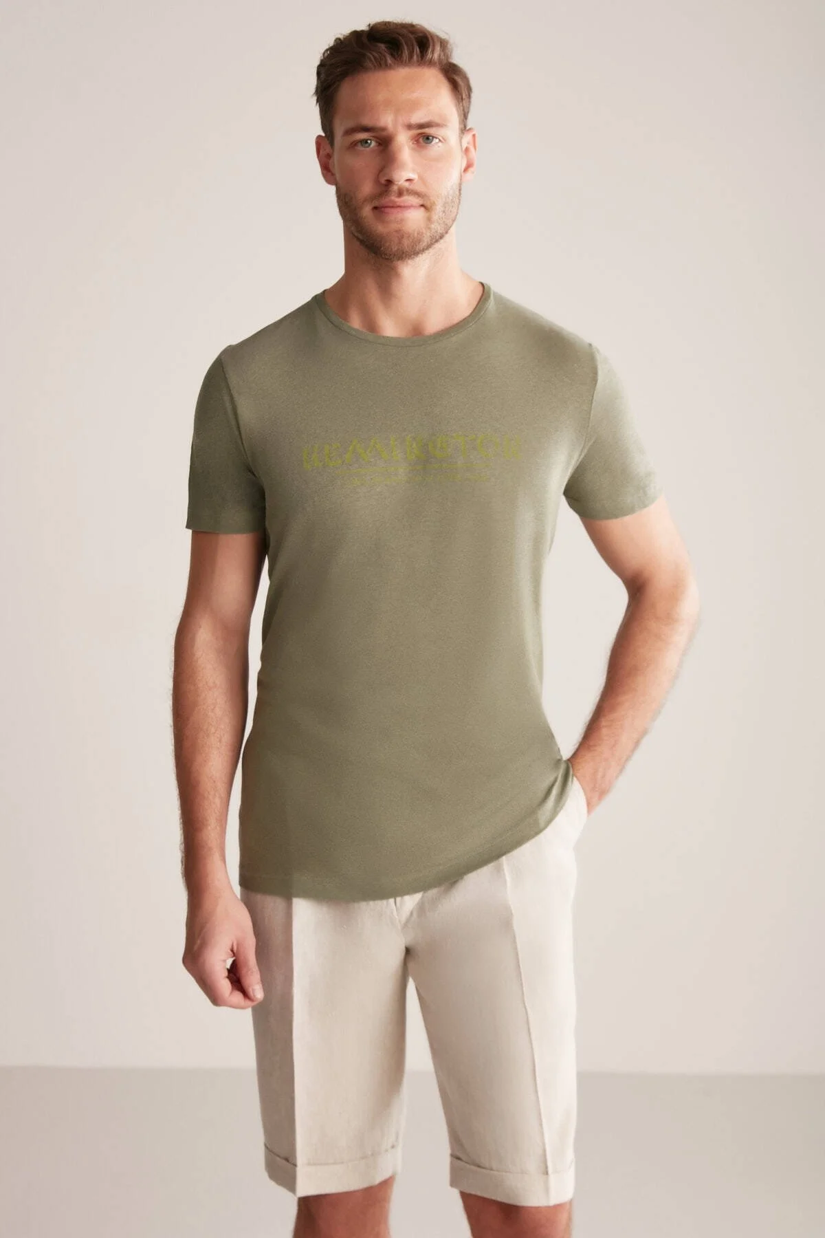 Hemington - Hemington Baskılı Keten Pamuk Karışım Haki T-Shirt (1)