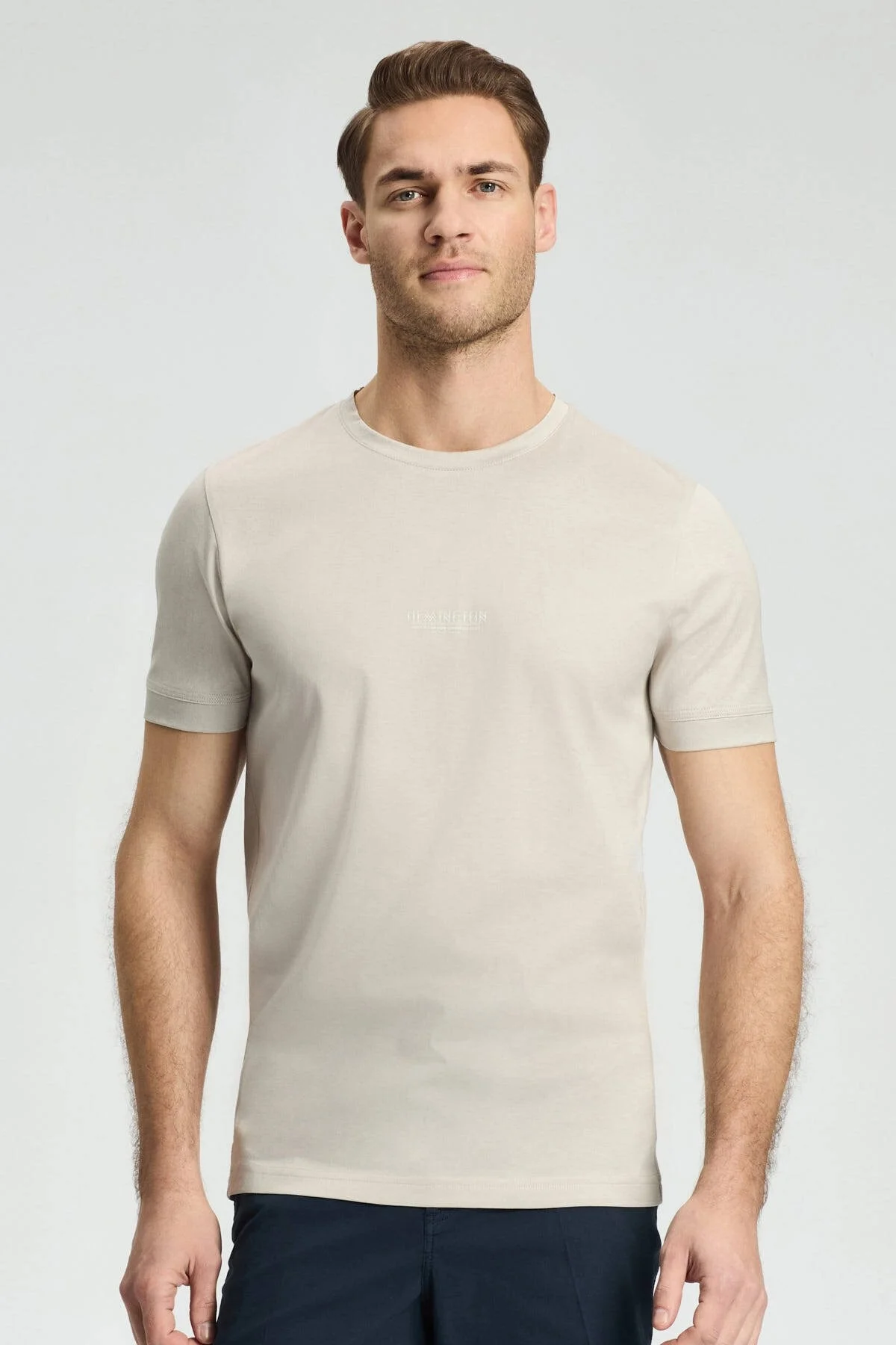 Hemington - Hemington Baskılı Merserize Pamuk Açık Bej Bisiklet Yaka T-Shirt (1)