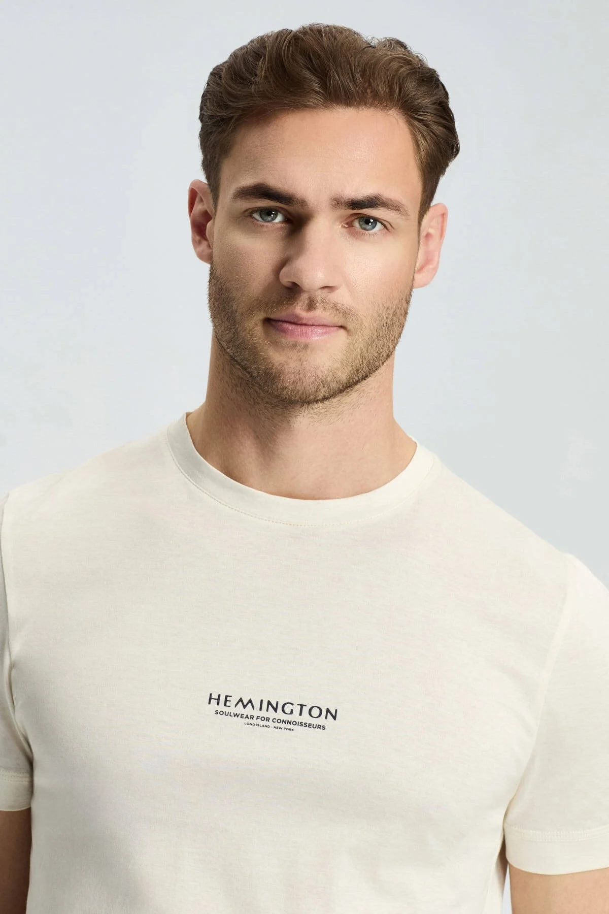 Hemington - Hemington Baskılı Merserize Pamuk Krem Rengi Bisiklet Yaka T-Shirt (4)
