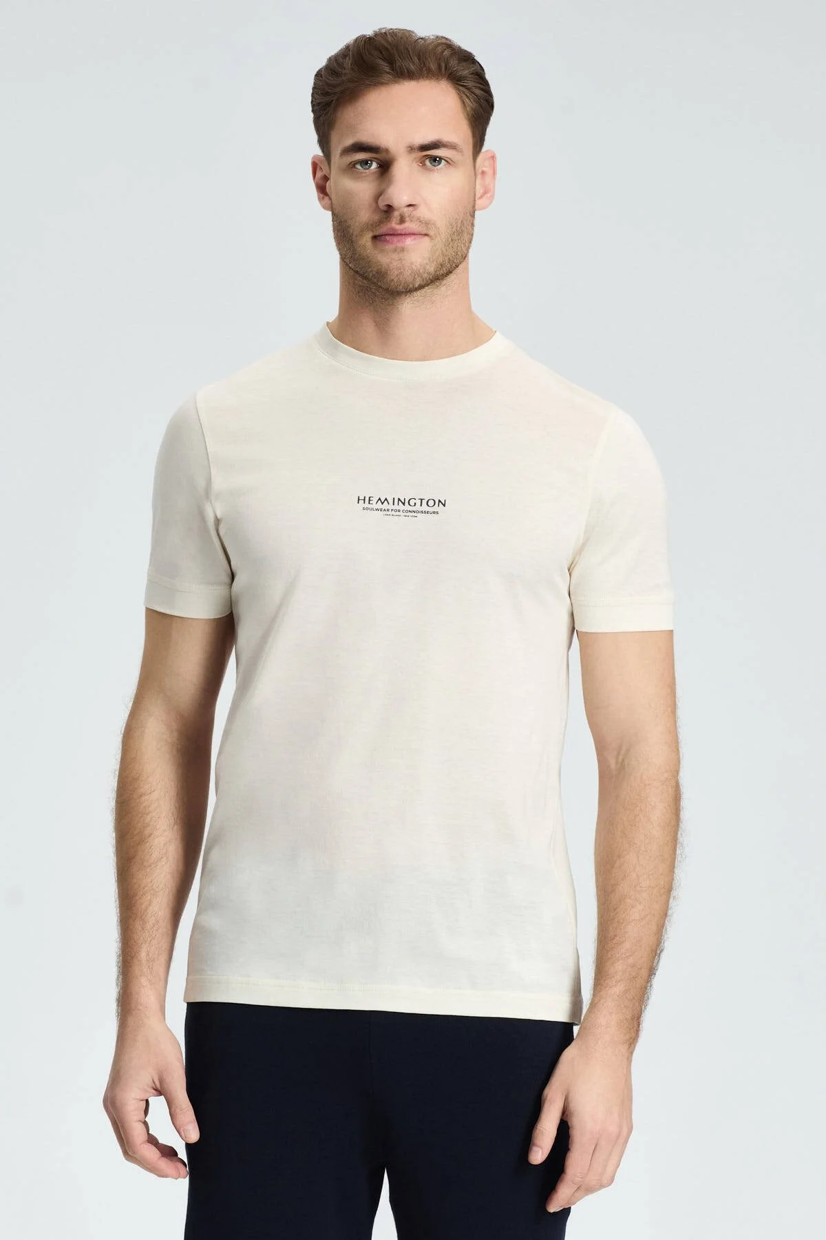Hemington - Hemington Baskılı Merserize Pamuk Krem Rengi Bisiklet Yaka T-Shirt (1)