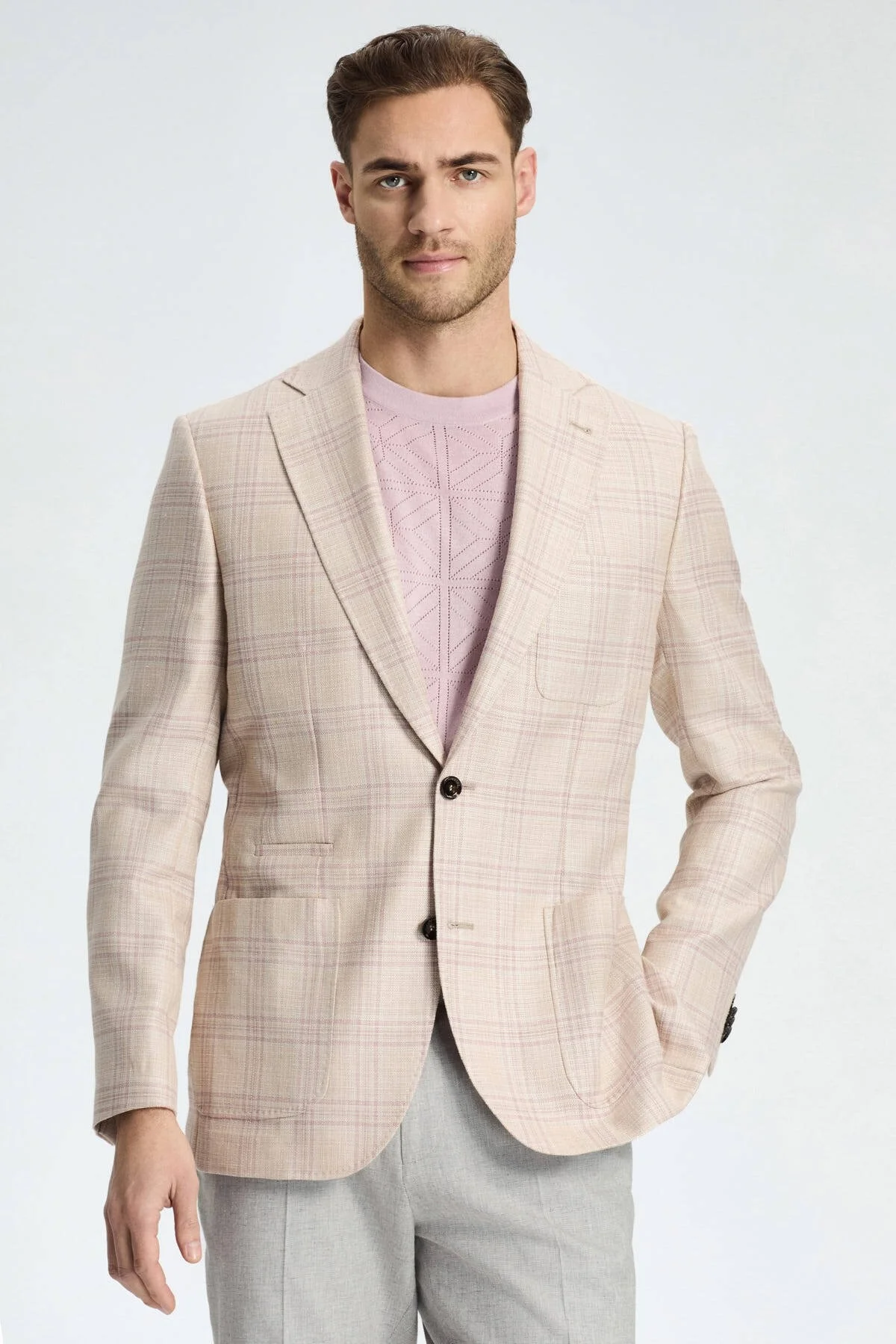 Hemington - İpek-Yün Karışım Ekose Desen Gül Kurusu Blazer Ceket (2)