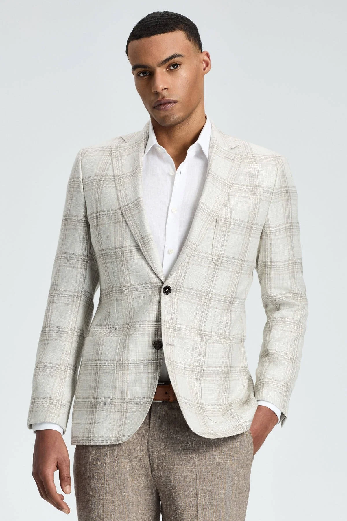 Hemington - İpek-Yün Karışım Ekose Desen Krem Rengi Blazer Ceket (1)